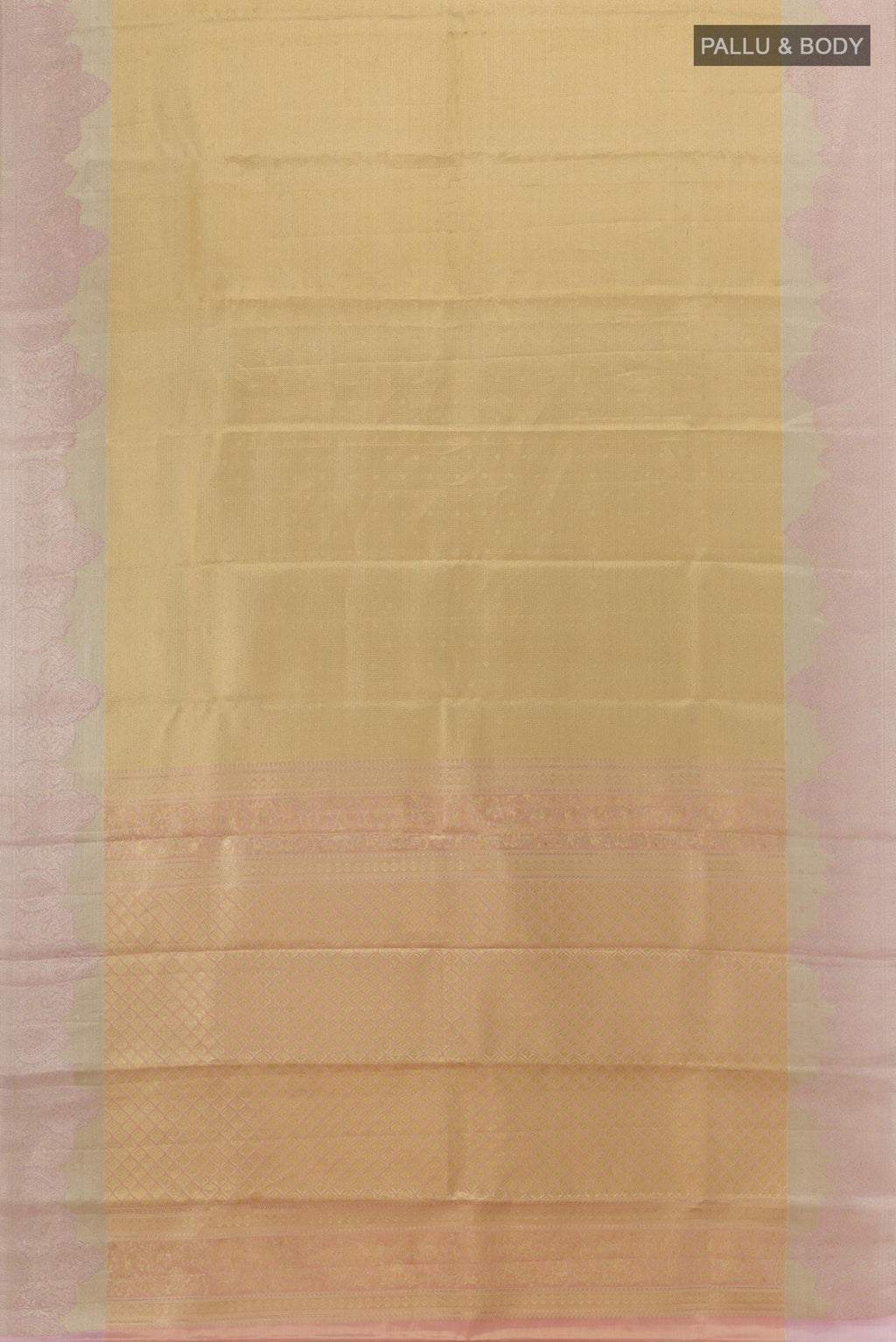 Flat view of Golden Kanjivaram Tissue Silk Saree with Zari Brocade on the body and Zari Border. 