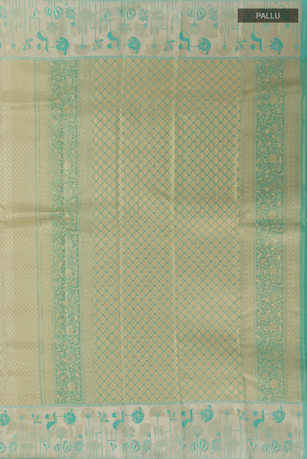 Close up image of the pallu of Golden Kanjivaram Tissue Silk Saree with Zari Brocade on the body and Zari Border. 