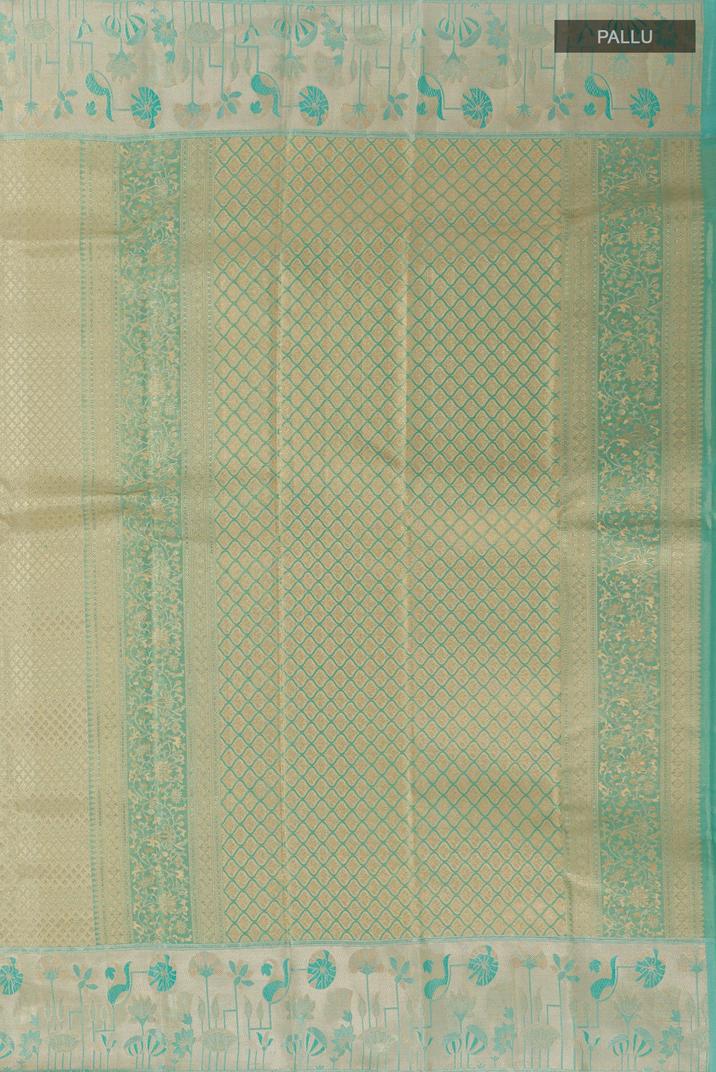 Close up image of the pallu of Golden Kanjivaram Tissue Silk Saree with Zari Brocade on the body and Zari Border. 