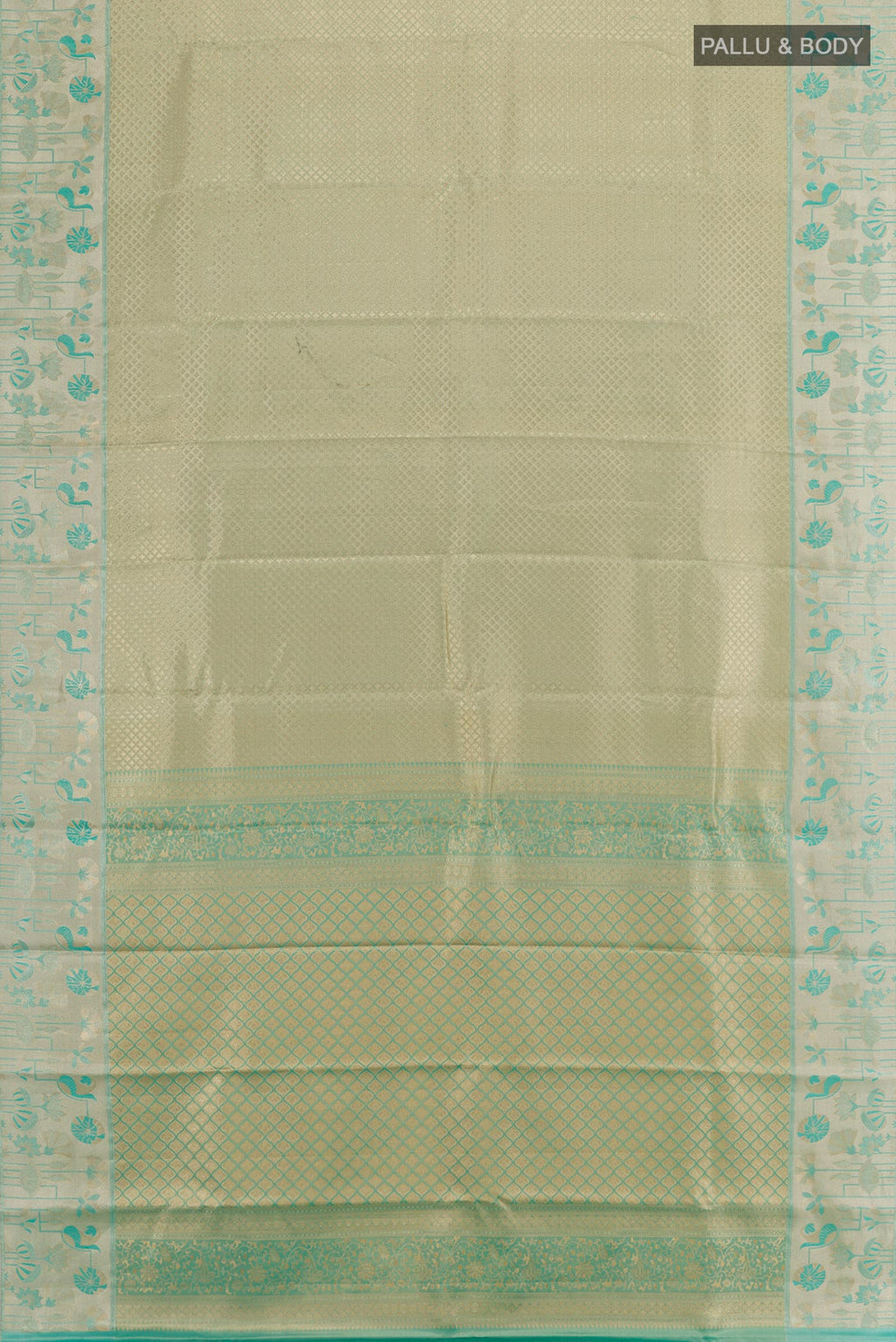 Flat view of Golden Kanjivaram Tissue Silk Saree with Zari Brocade on the body and Zari Border. 
