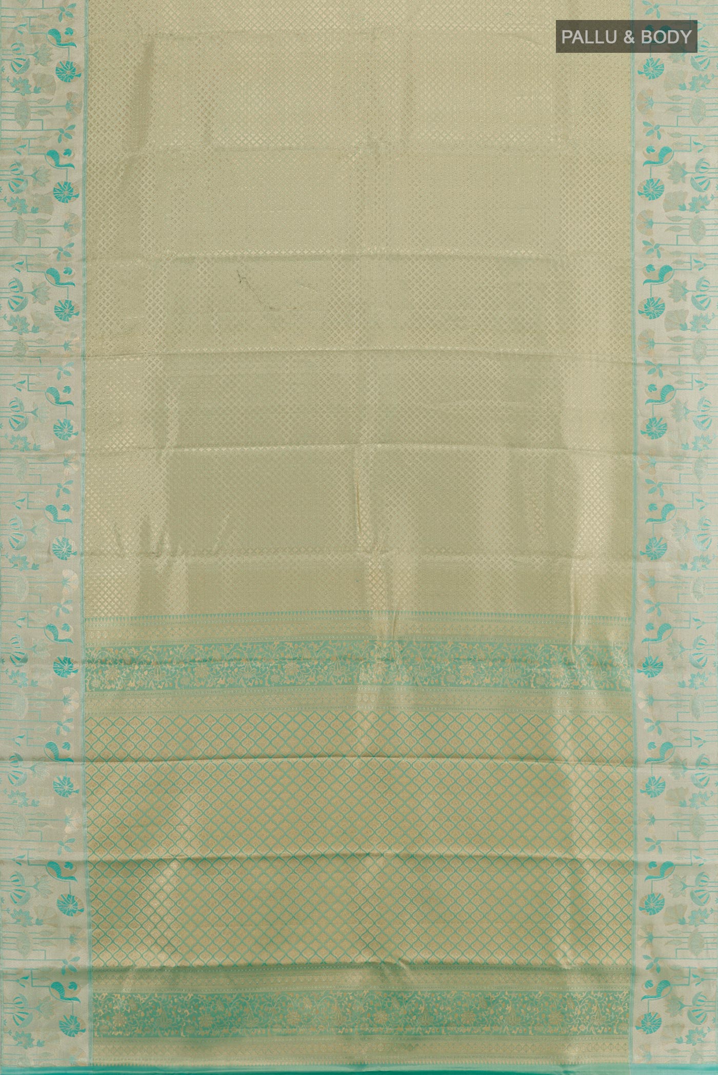 Flat view of Golden Kanjivaram Tissue Silk Saree with Zari Brocade on the body and Zari Border. 