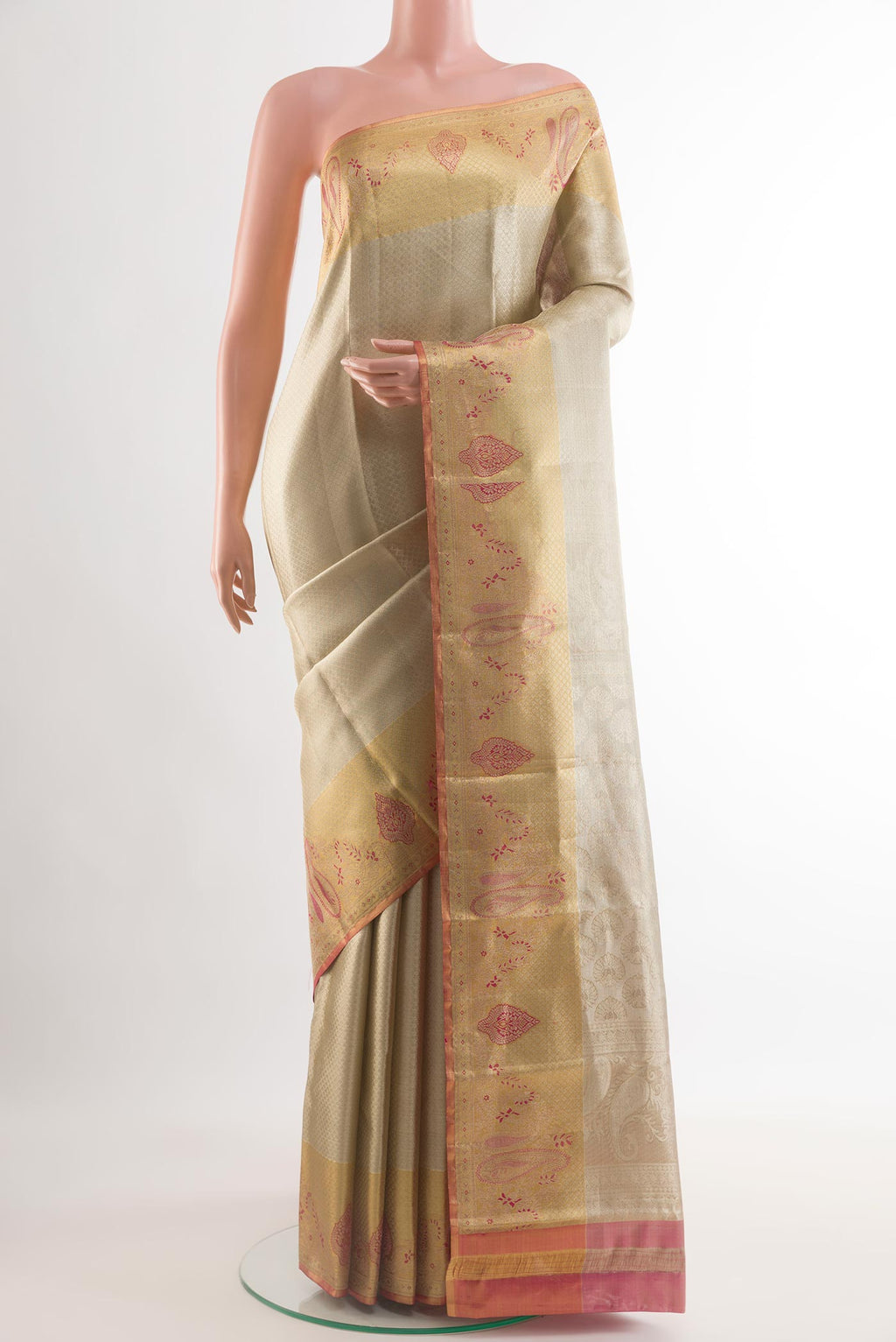 Silver Dual Tone Kanjivaram Tissue Silk Saree with Zari Brocade on the body and Zari Border.  displayed on a mannequin