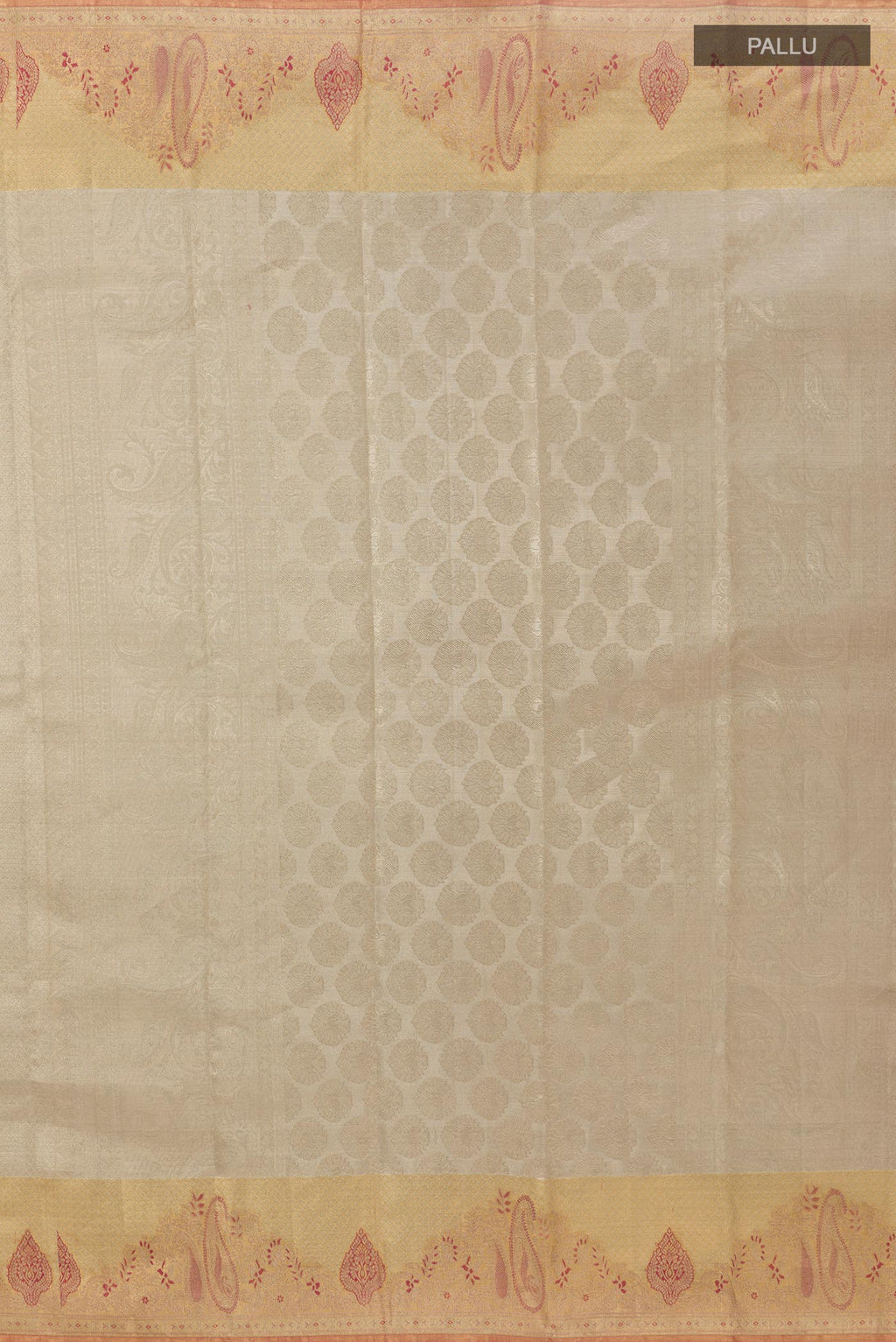 Close up image of the pallu of Silver Dual Tone Kanjivaram Tissue Silk Saree with Zari Brocade on the body and Zari Border. 