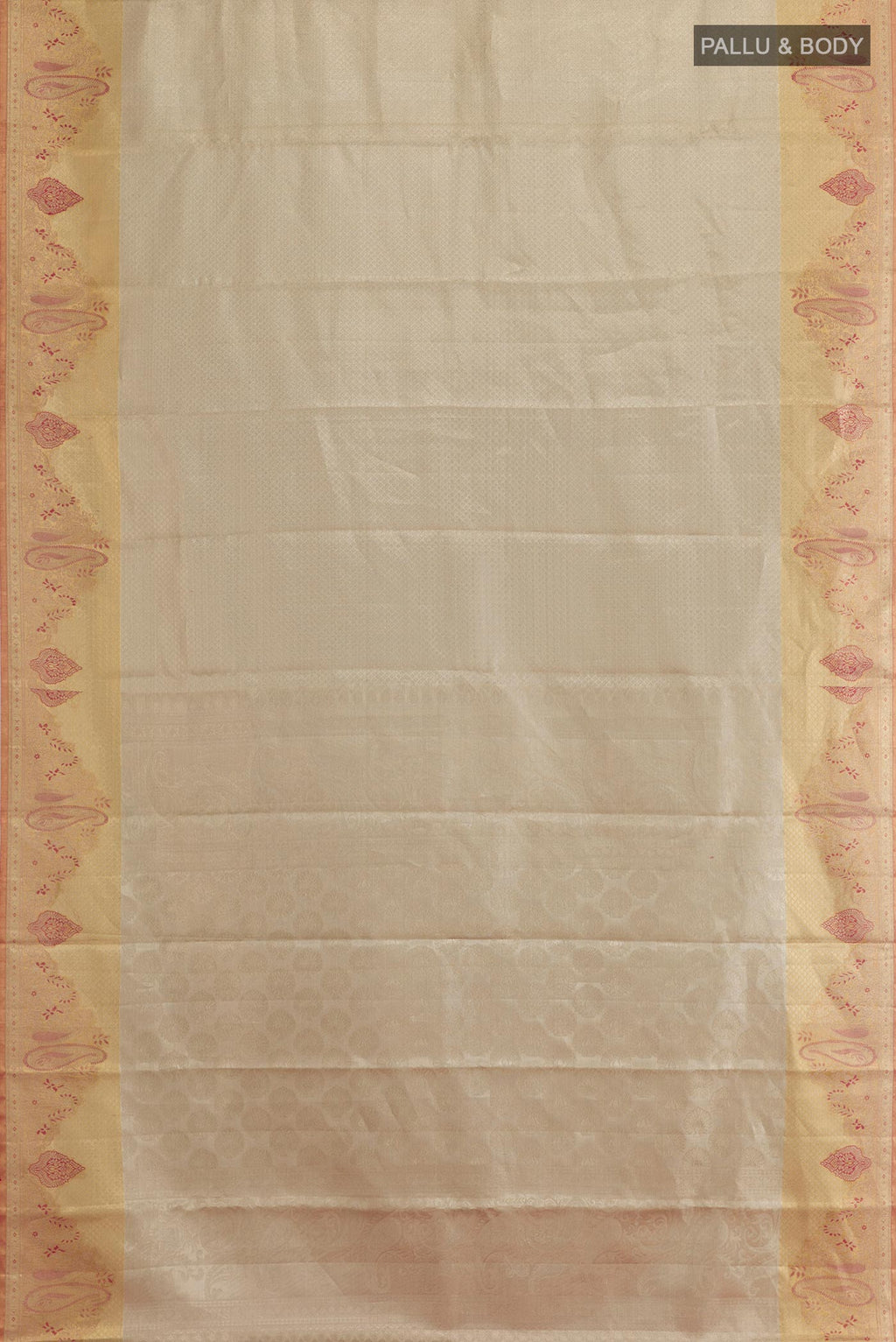 Flat view of Silver Dual Tone Kanjivaram Tissue Silk Saree with Zari Brocade on the body and Zari Border. 