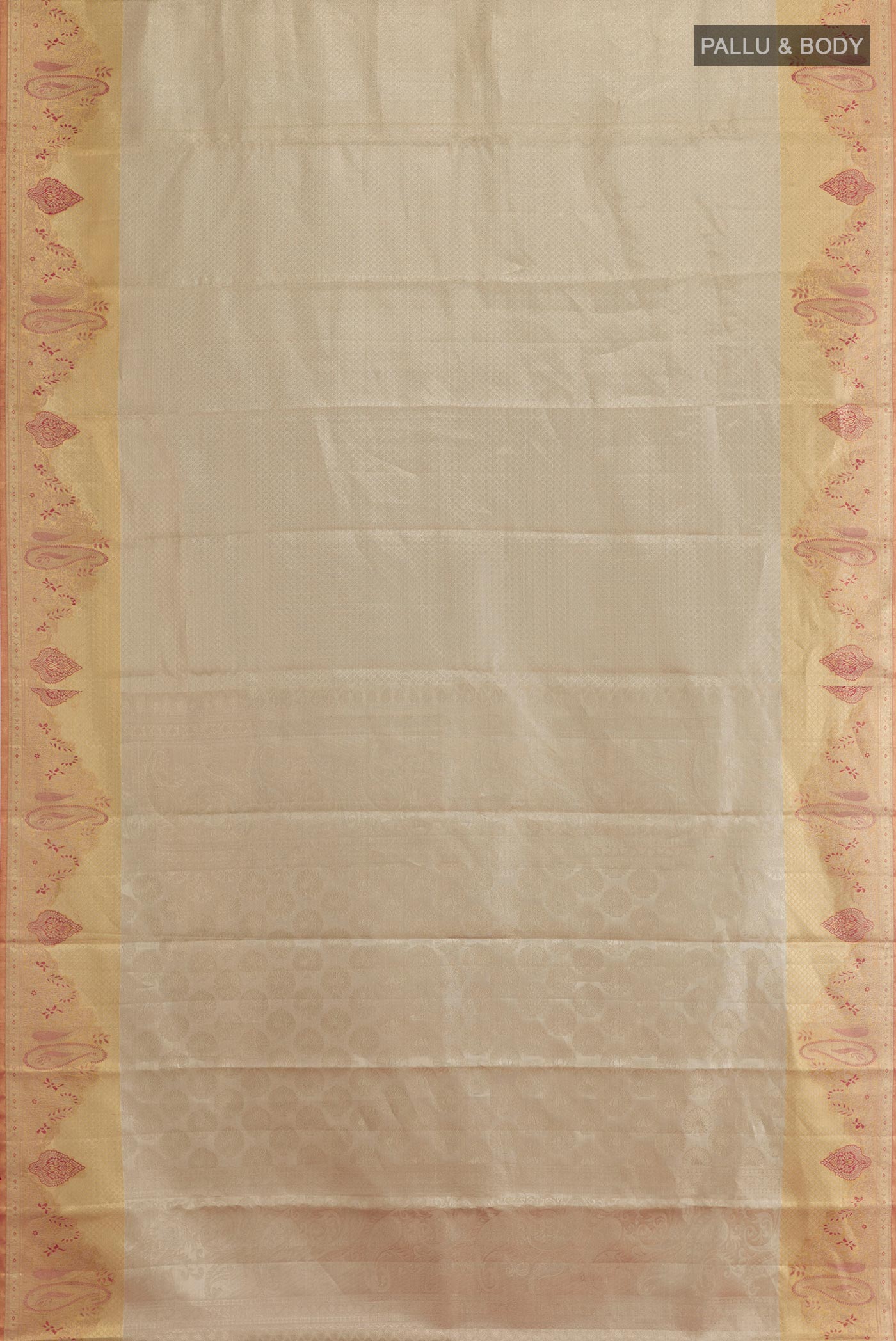 Flat view of Silver Dual Tone Kanjivaram Tissue Silk Saree with Zari Brocade on the body and Zari Border. 