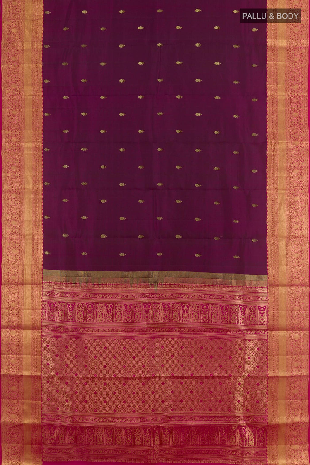 Flat view of Purple Kanjivaram Silk Saree with Zari Butta on the body and Zari Border. 