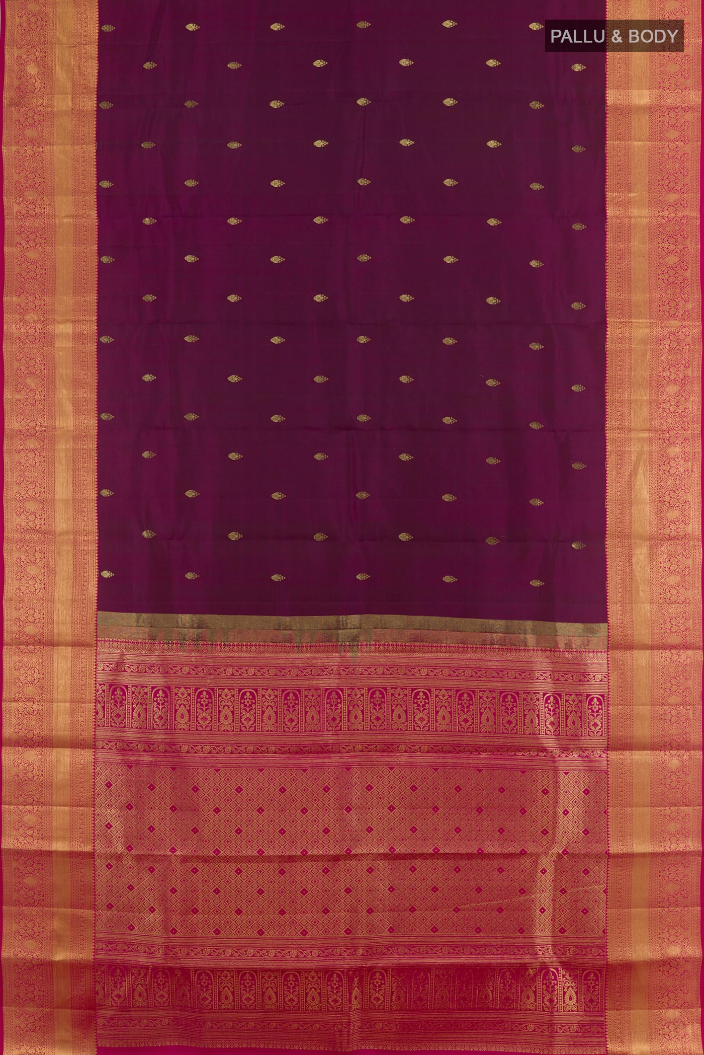 Flat view of Purple Kanjivaram Silk Saree with Zari Butta on the body and Zari Border. 