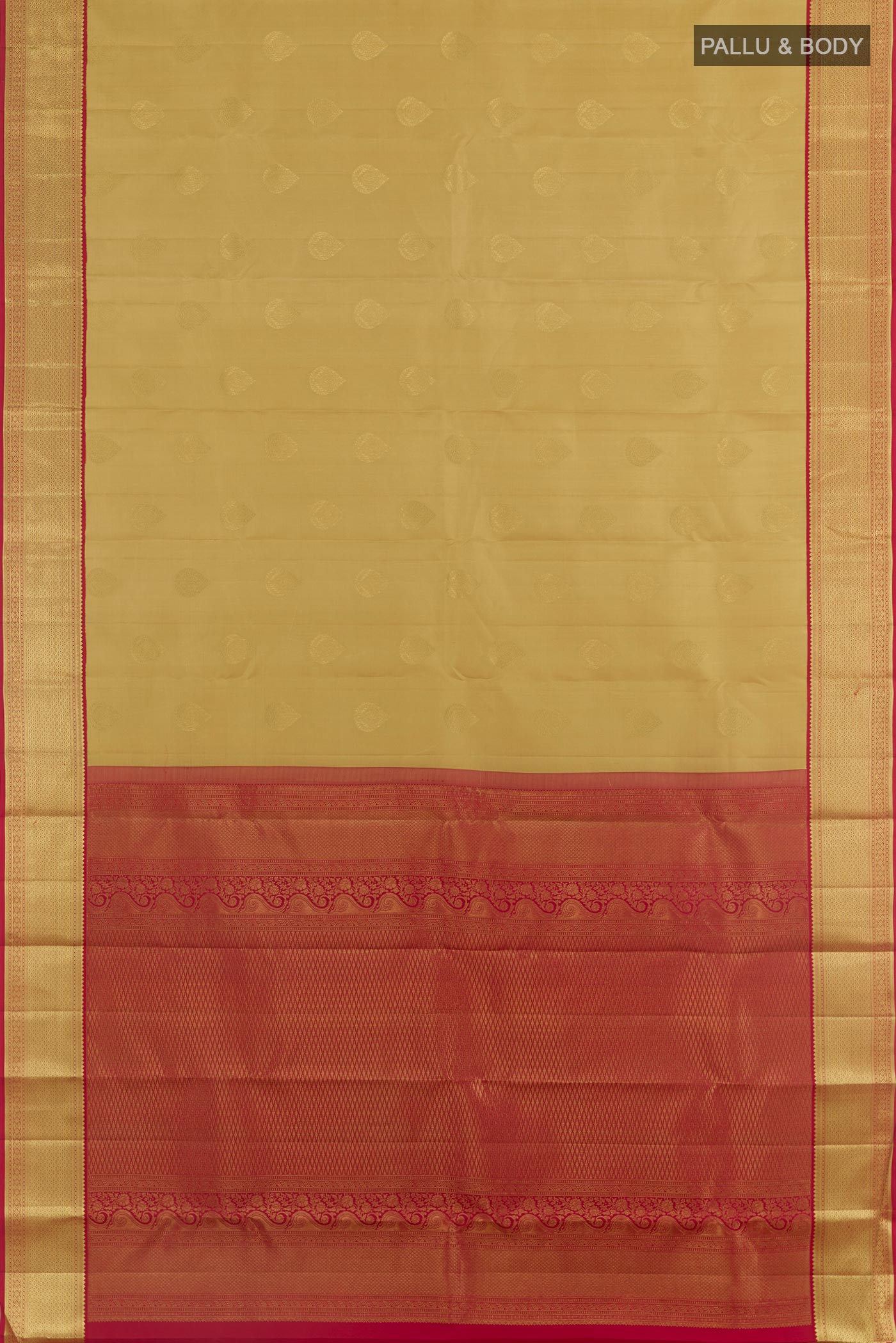 Flat view of Beige Kanchipuram Silk Saree with Zari Butta on the body and Zari Border. 