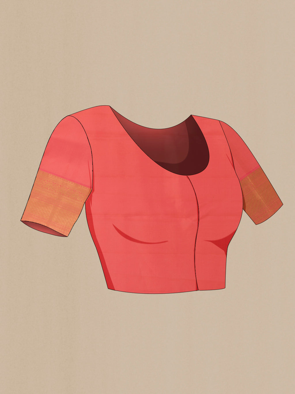 Close up image of the blouse of Coral Kanchipuram Silk Saree with Zari Brocade on the body and Zari Border. 