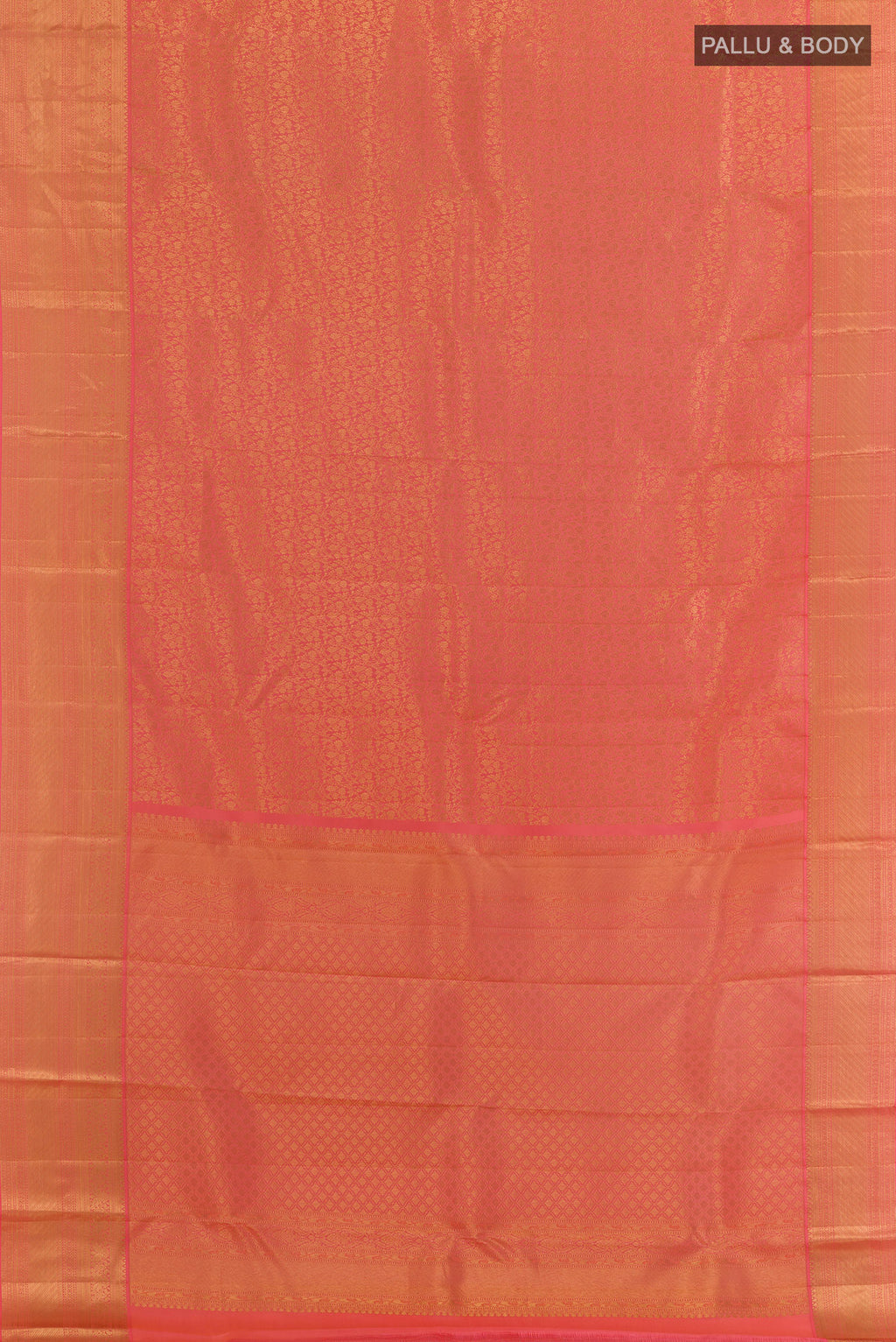 Flat view of Coral Kanchipuram Silk Saree with Zari Brocade on the body and Zari Border. 