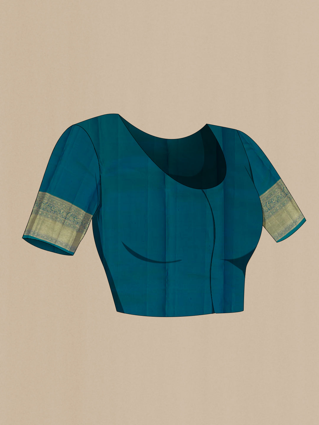 Close up image of the blouse of Peacock Blue Dual Tone Kanchipuram Silk Saree with Zari Brocade on the body and Zari Border. 