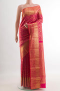Dark Pink Kanchipuram Silk Saree with Zari Brocade on the body and Zari Border.  displayed on a mannequin