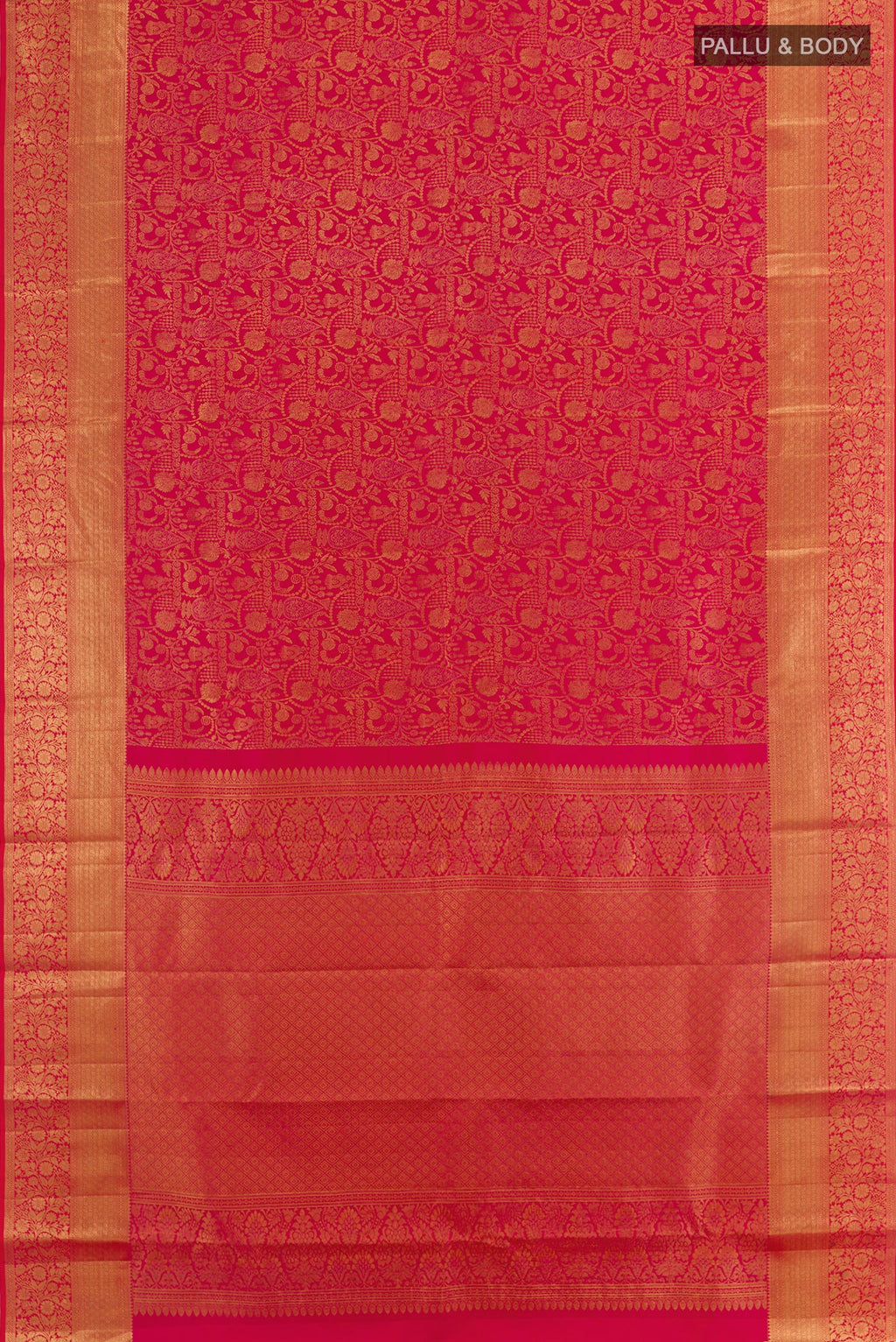 Flat view of Dark Pink Kanchipuram Silk Saree with Zari Brocade on the body and Zari Border. 