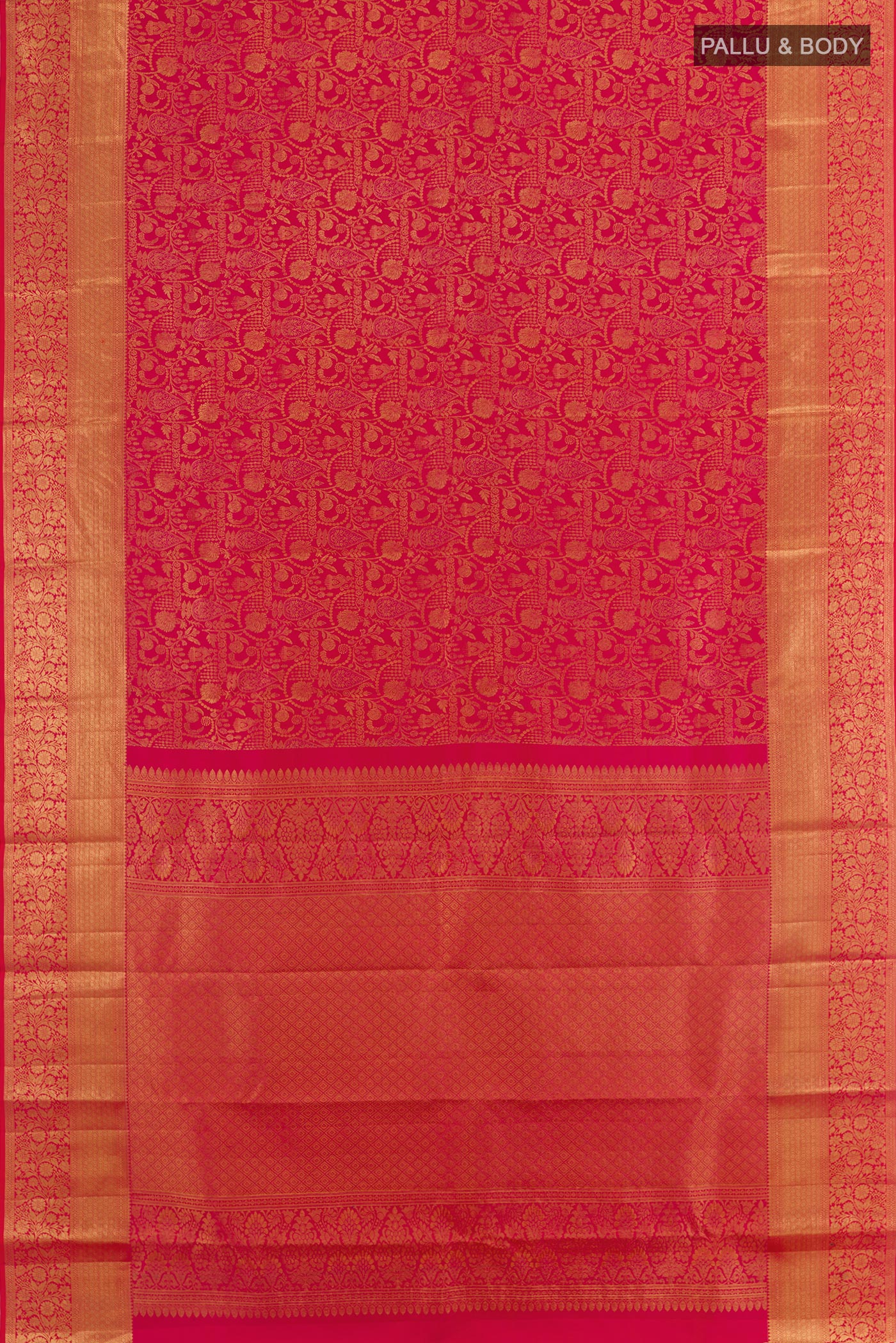 Flat view of Dark Pink Kanchipuram Silk Saree with Zari Brocade on the body and Zari Border. 