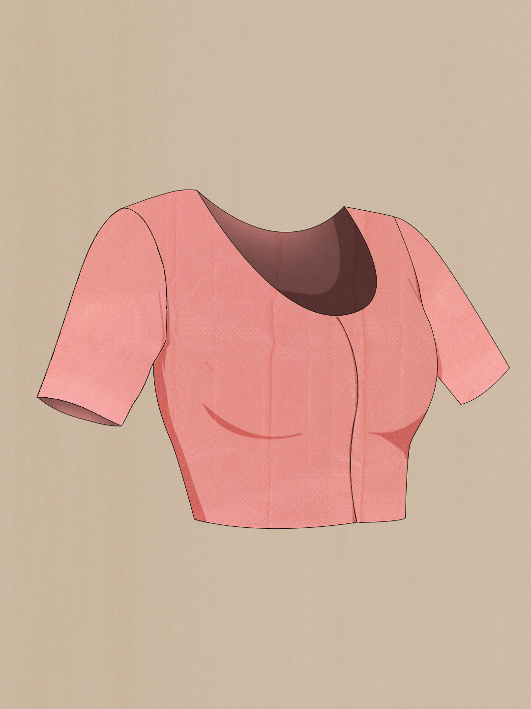 Close up image of the blouse of Rose pink Kanchipuram Silk Saree with Zari Butta on the body and Zari Border. 