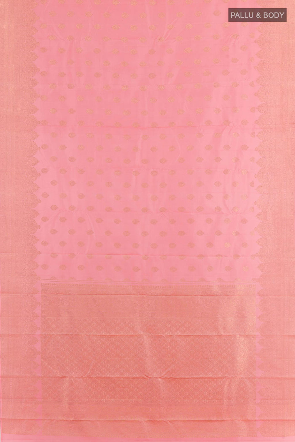 Flat view of Rose pink Kanchipuram Silk Saree with Zari Butta on the body and Zari Border. 