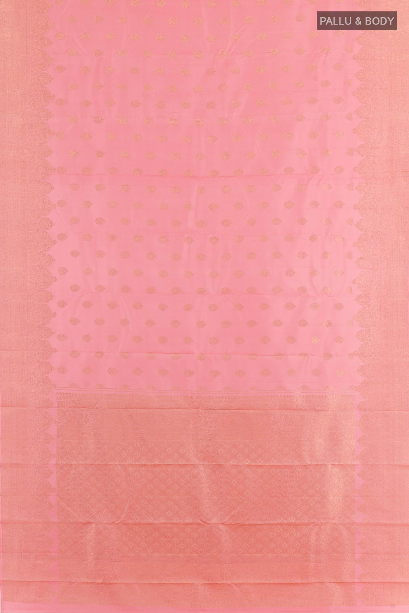 Flat view of Rose pink Kanchipuram Silk Saree with Zari Butta on the body and Zari Border. 