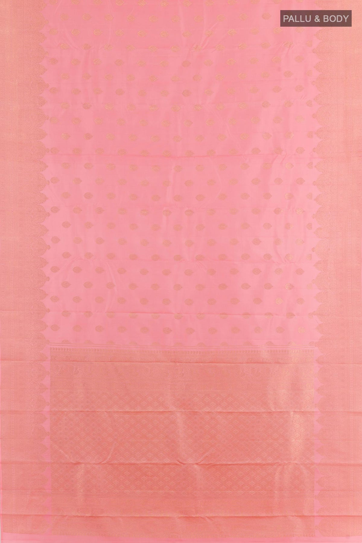 Flat view of Rose pink Kanchipuram Silk Saree with Zari Butta on the body and Zari Border. 