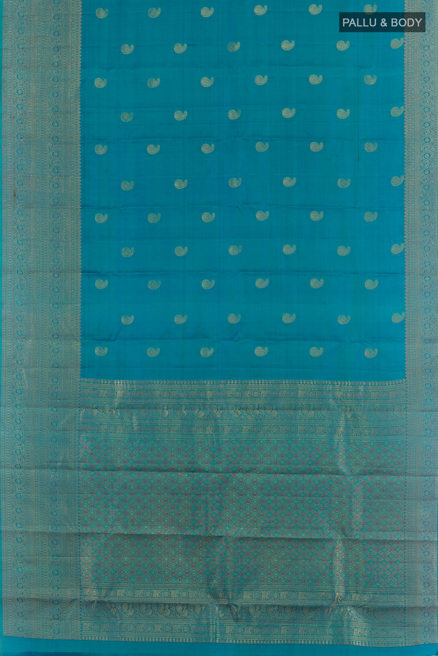 Flat view of Blue Kanchipuram Silk Saree with Zari Butta on the body and Zari Border. 