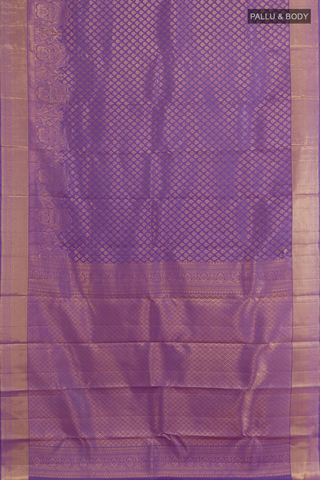 Flat view of Lavender Kanchipuram Silk Saree with Zari Brocade on the body and Zari Border. 