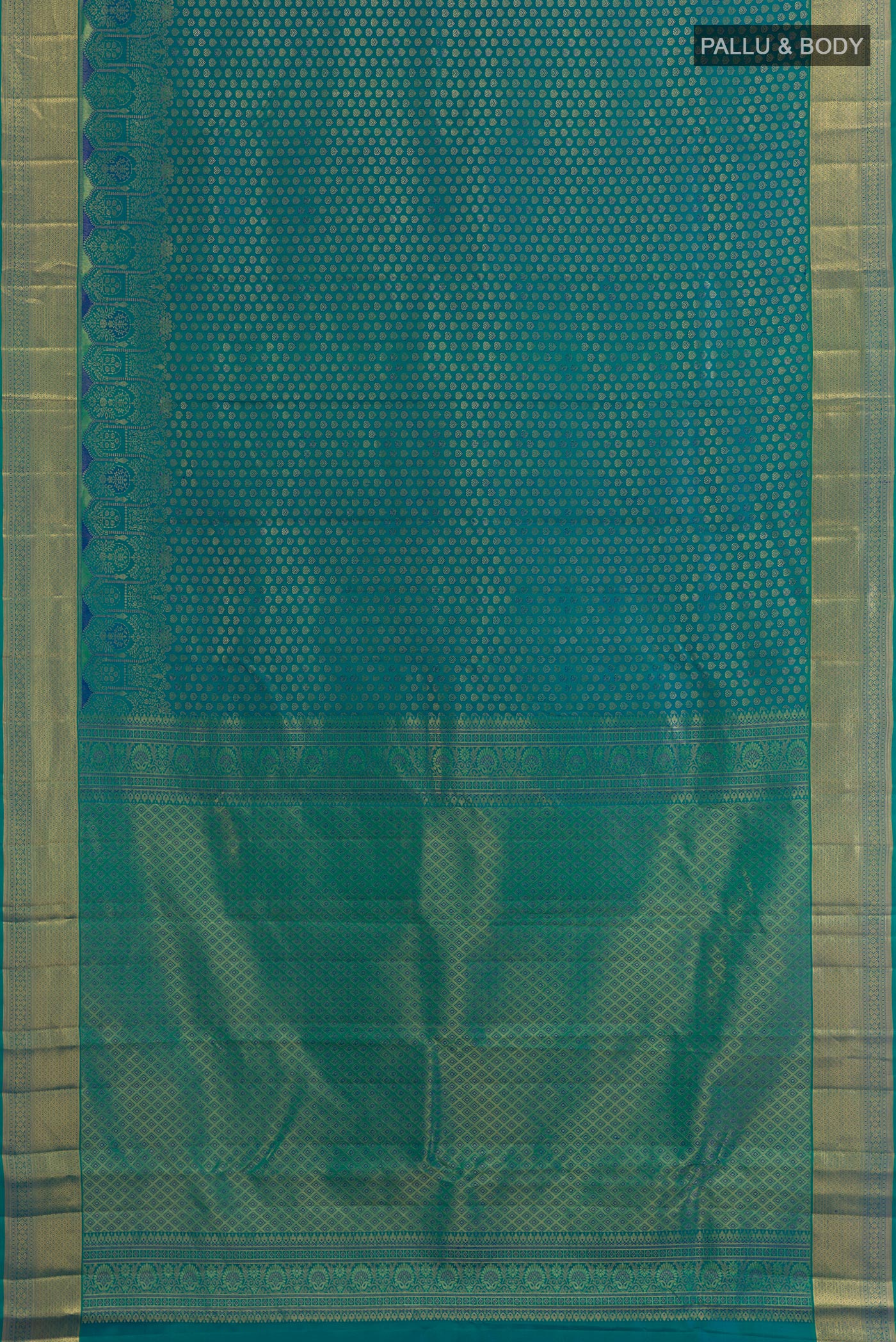 Flat view of Peacock Blue Kanchipuram Silk Saree with Zari Brocade on the body and Zari Border. 