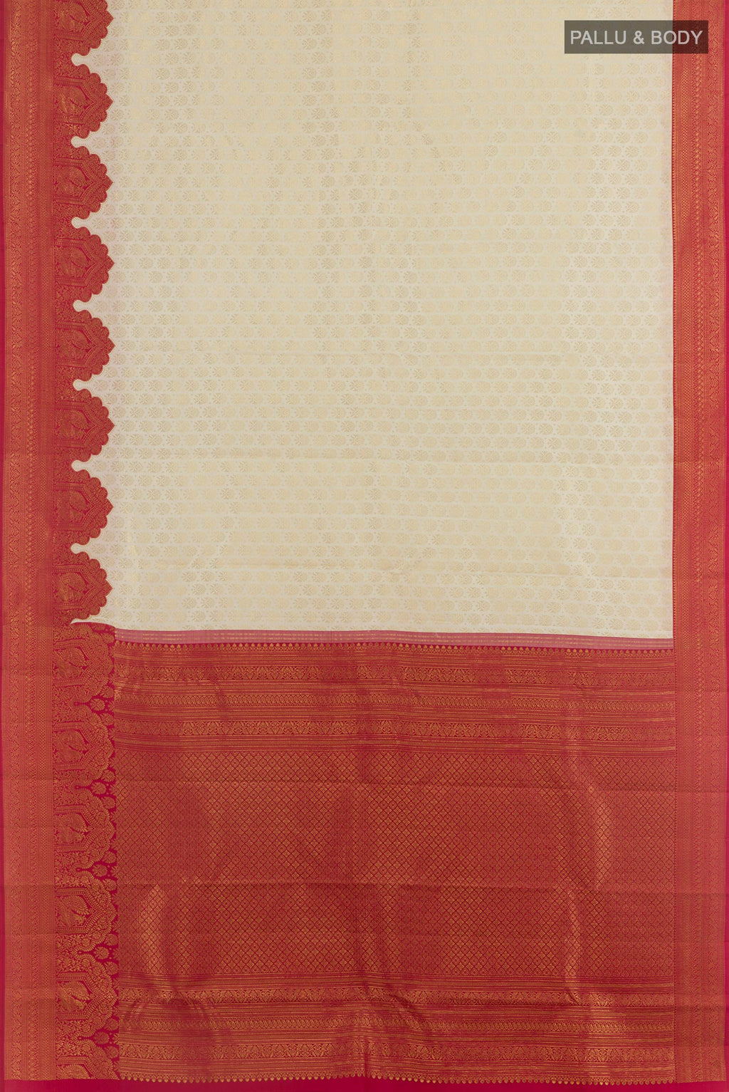 Flat view of Off White Kanjivaram Silk Saree with Zari Brocade on the body and Zari Border. 