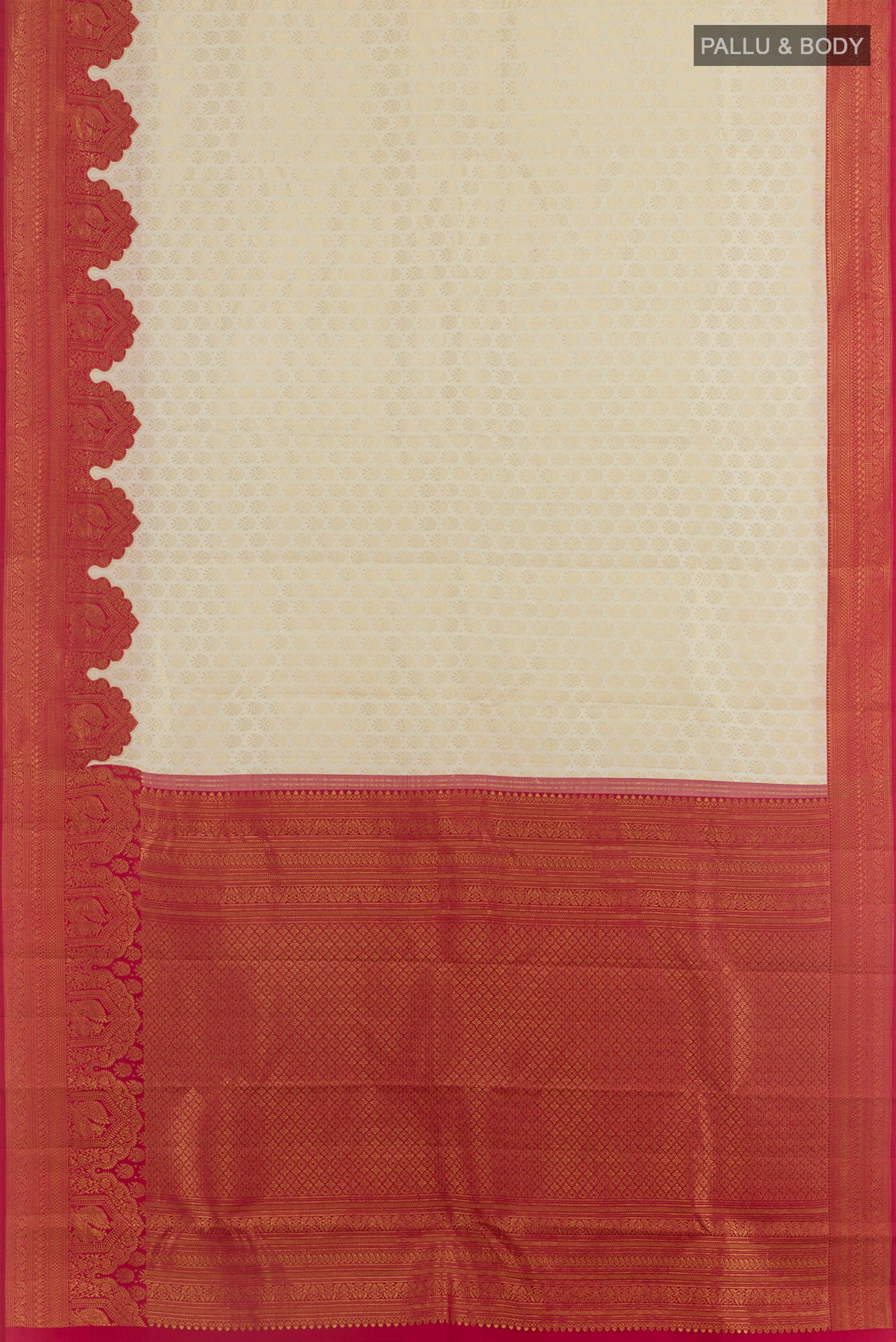 Flat view of Off White Kanjivaram Silk Saree with Zari Brocade on the body and Zari Border. 