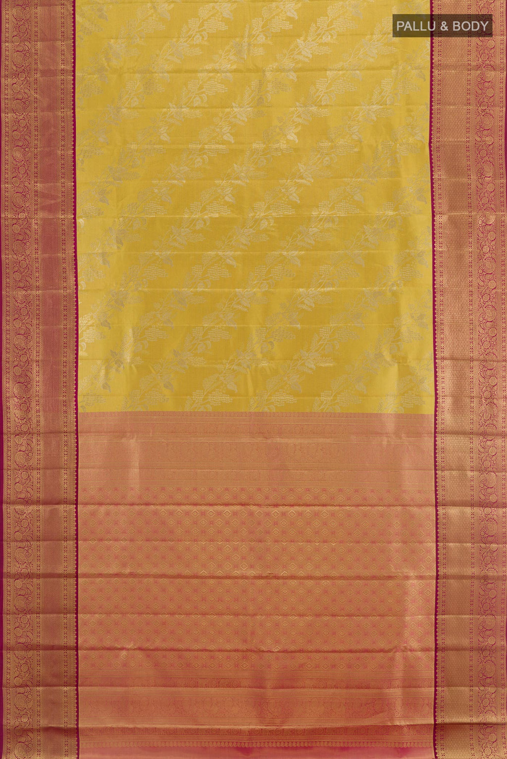 Flat view of Gold Kanchipuram Tissue Silk Saree with Zari Brocade on the body and Zari Border. 