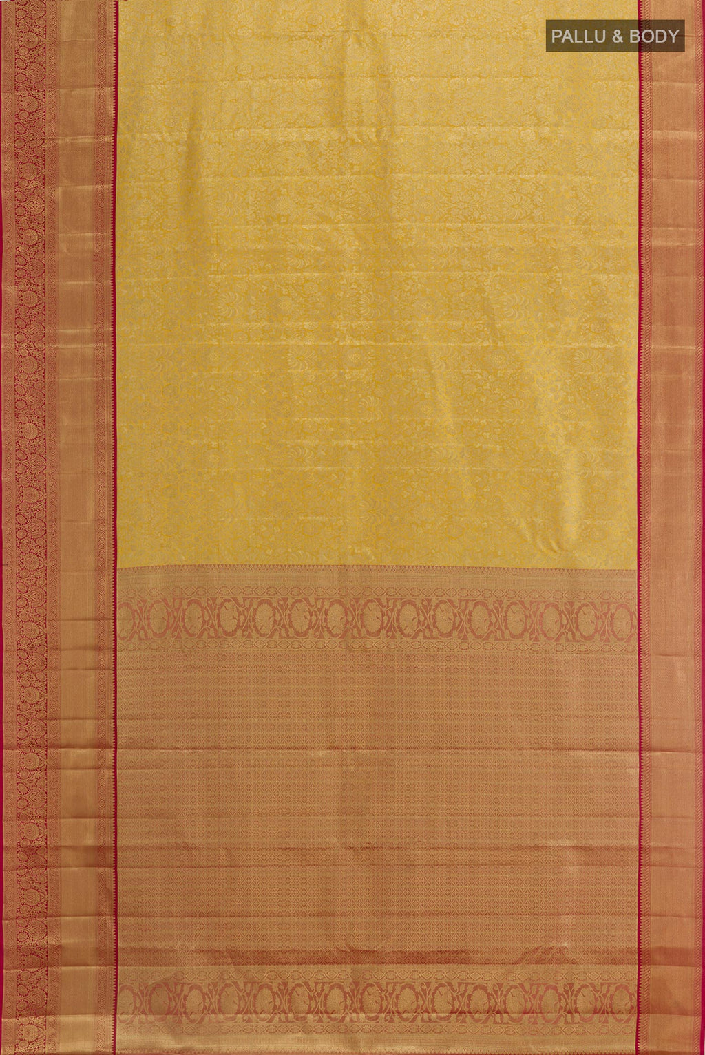 Flat view of Golden Dual Tone Kanchipuram Tissue Silk Saree with Zari Brocade on the body and Zari Border. 