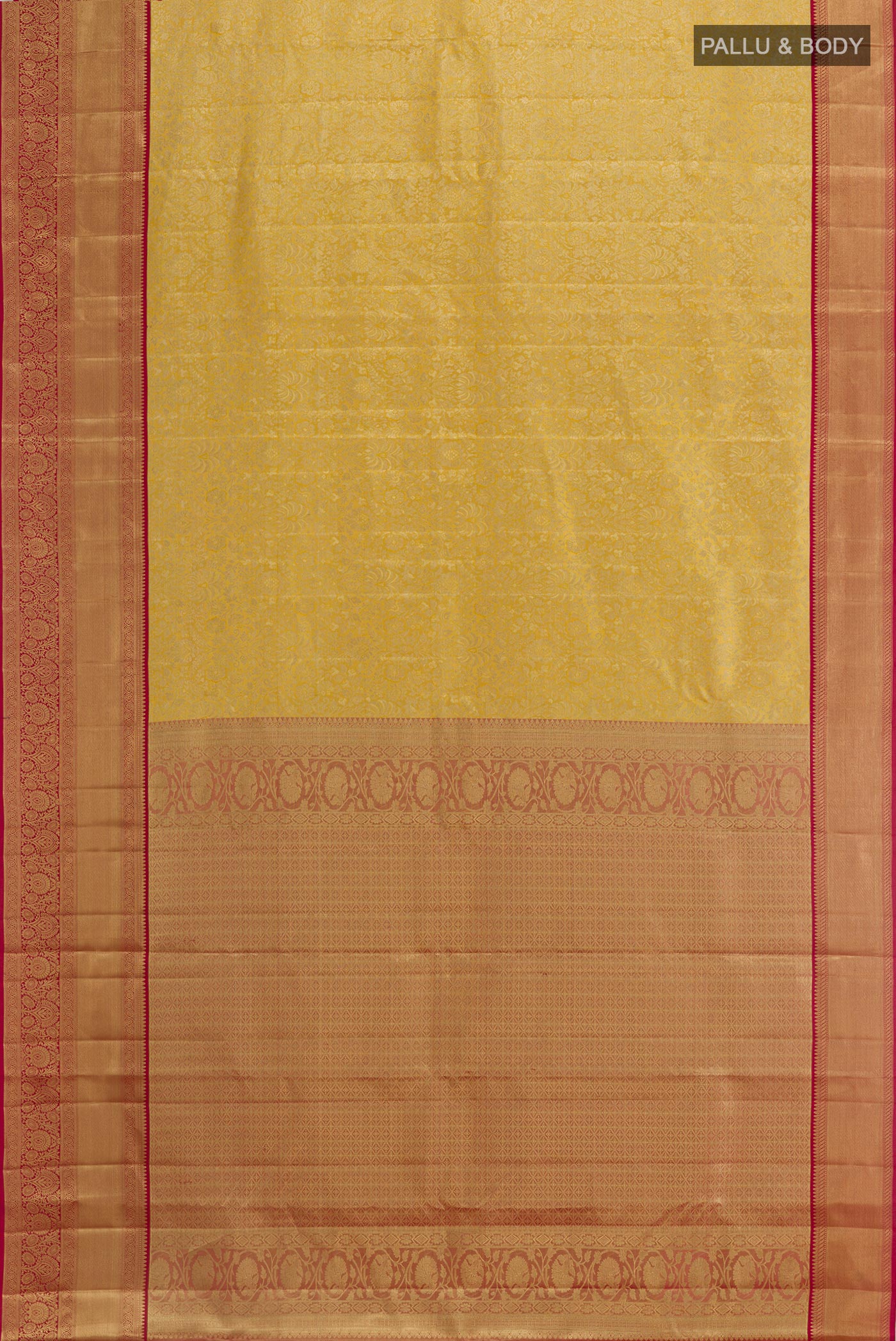 Flat view of Golden Dual Tone Kanchipuram Tissue Silk Saree with Zari Brocade on the body and Zari Border. 