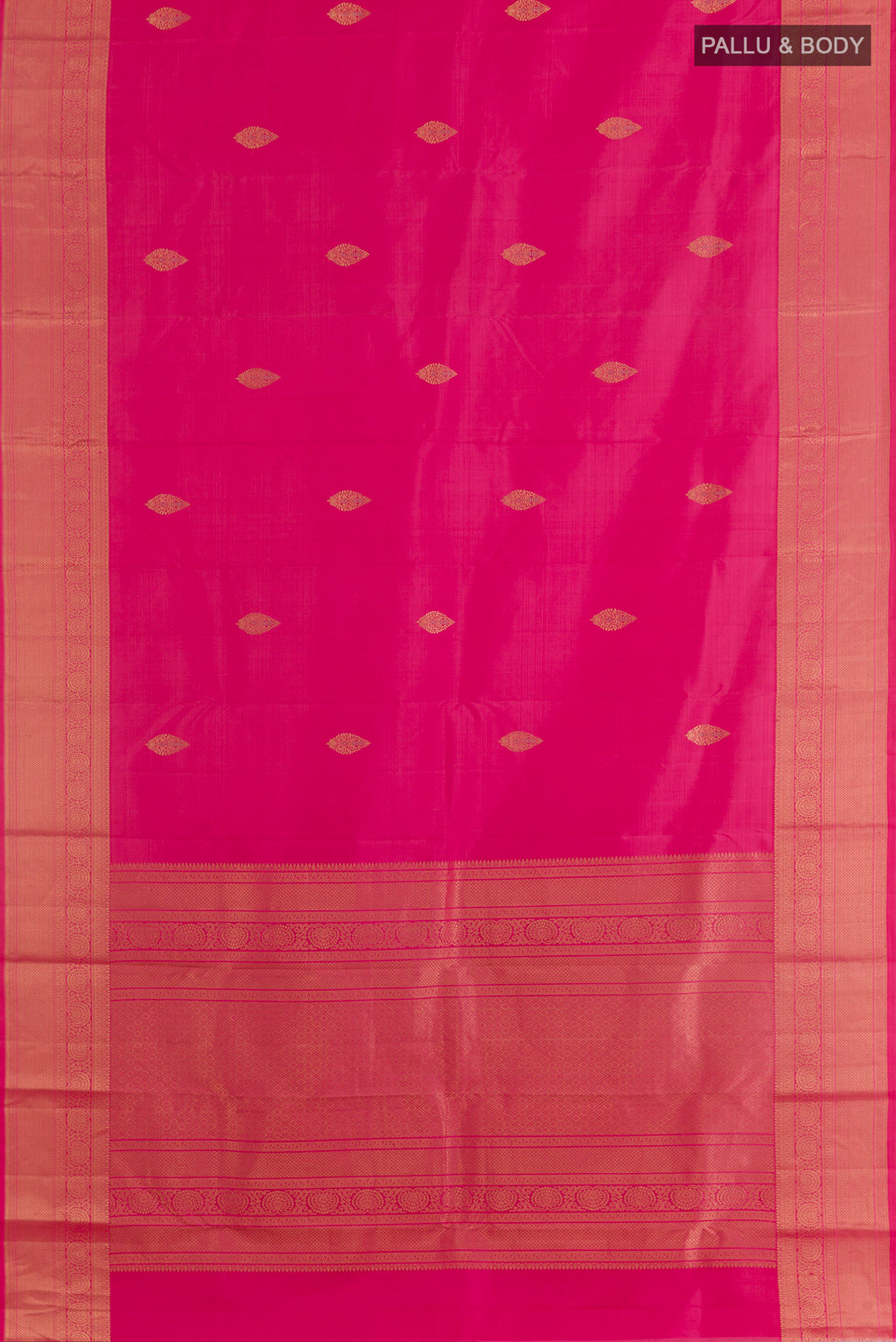 Flat view of Pure Silk Pink Kanchipuram Saree with Zari Butta on the body and Zari Border. 