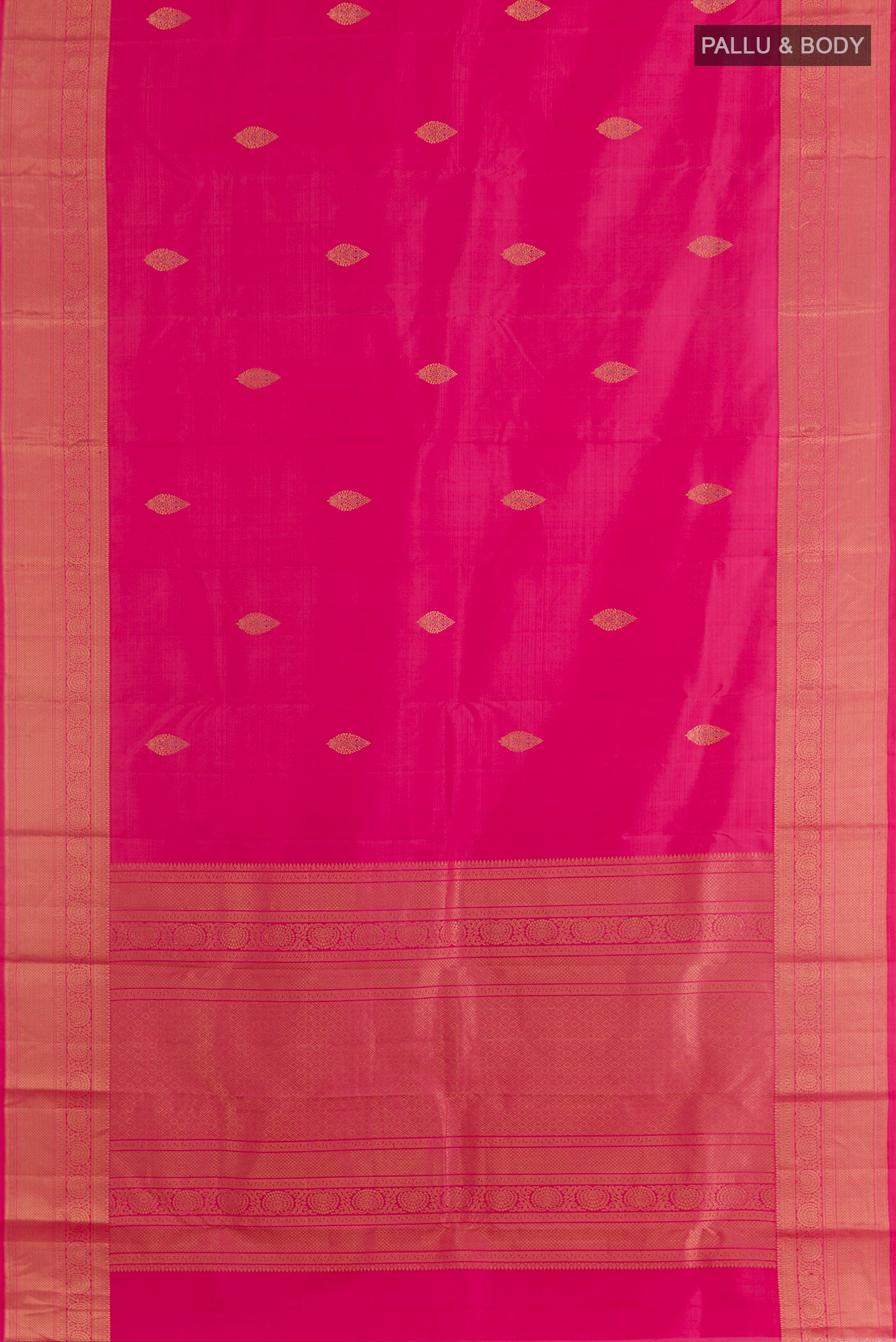 Flat view of Pure Silk Pink Kanchipuram Saree with Zari Butta on the body and Zari Border. 