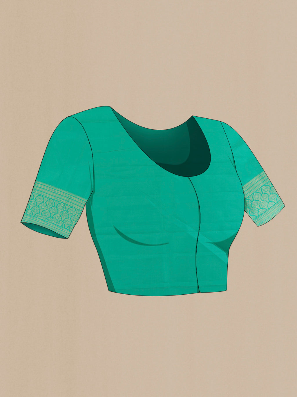 Close up image of the blouse of Pure Silk Sea Green Kanchipuram Saree with Zari Butta on the body and Zari Border. 