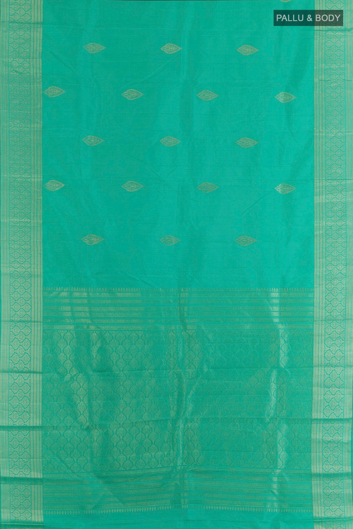 Flat view of Pure Silk Sea Green Kanchipuram Saree with Zari Butta on the body and Zari Border. 