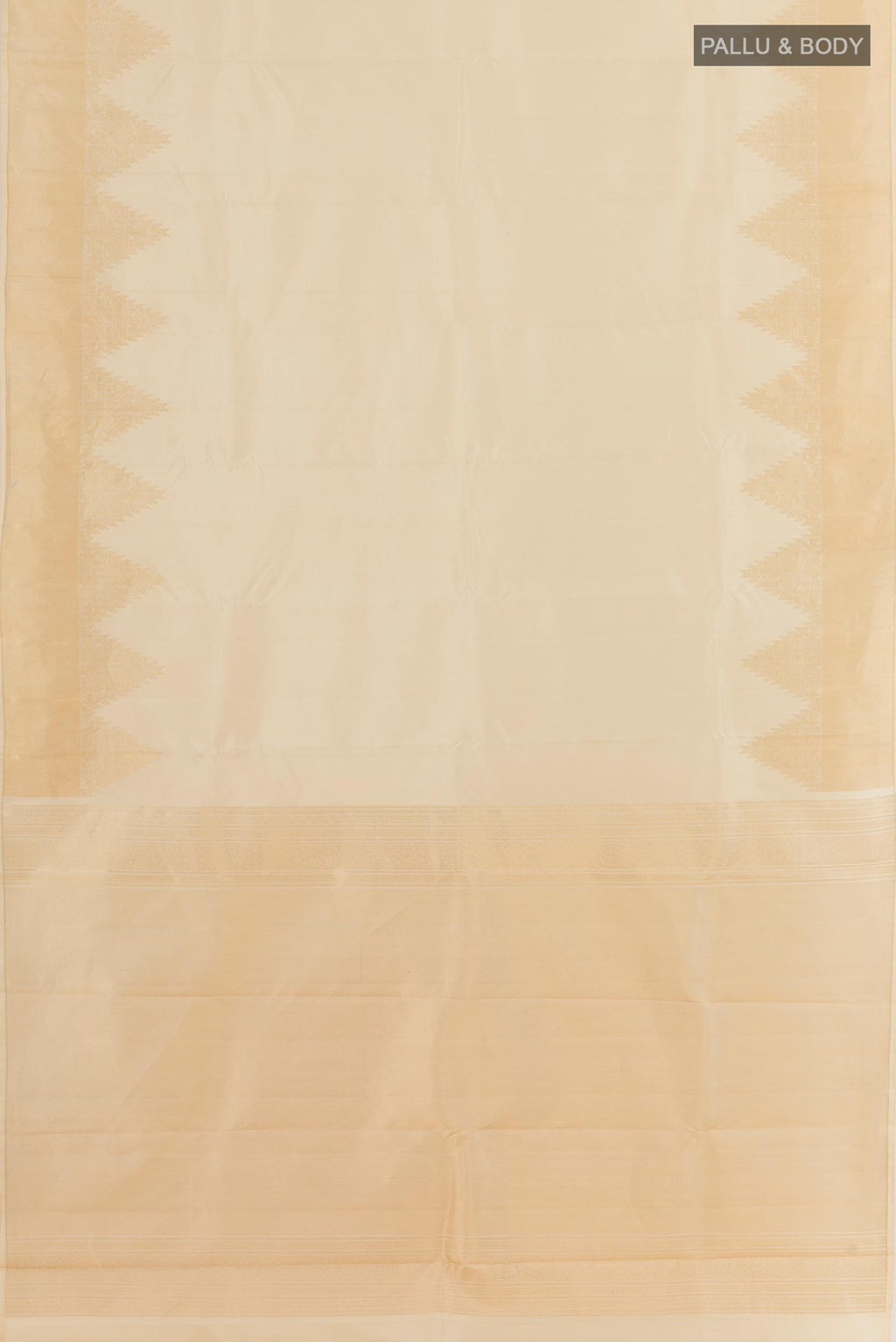 Flat view of Cream Kanchipuram Silk Saree with Plain Body and Temple Border. 