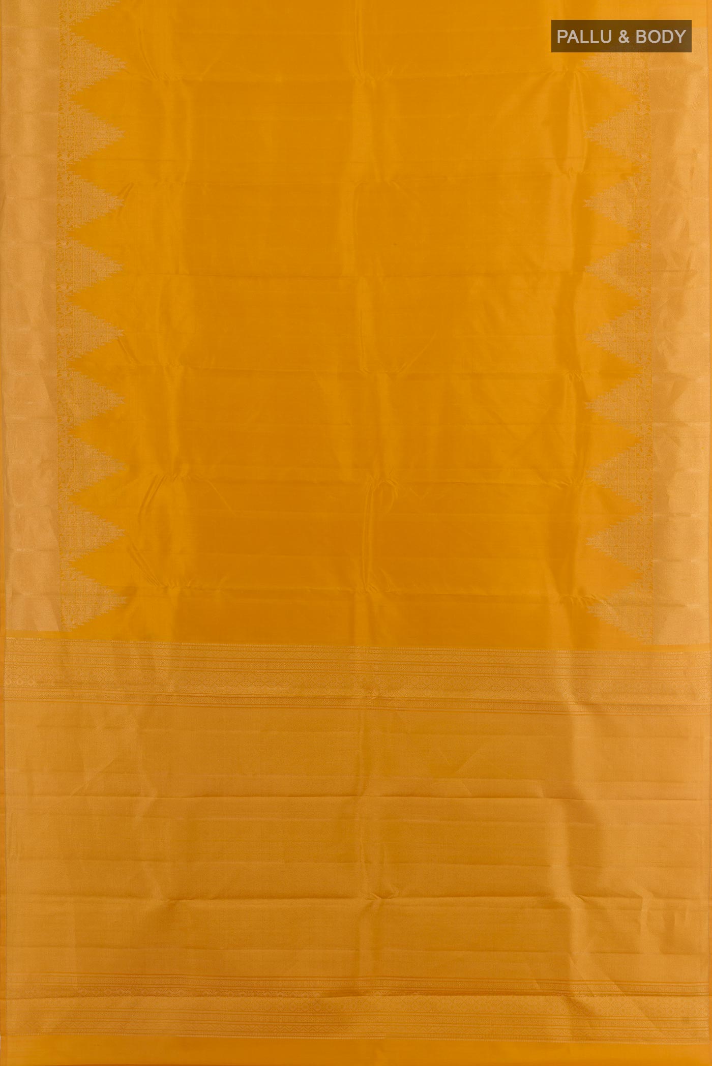 Flat view of Mustard Kanchipuram Silk Saree with Plain Body and Zari Border. 