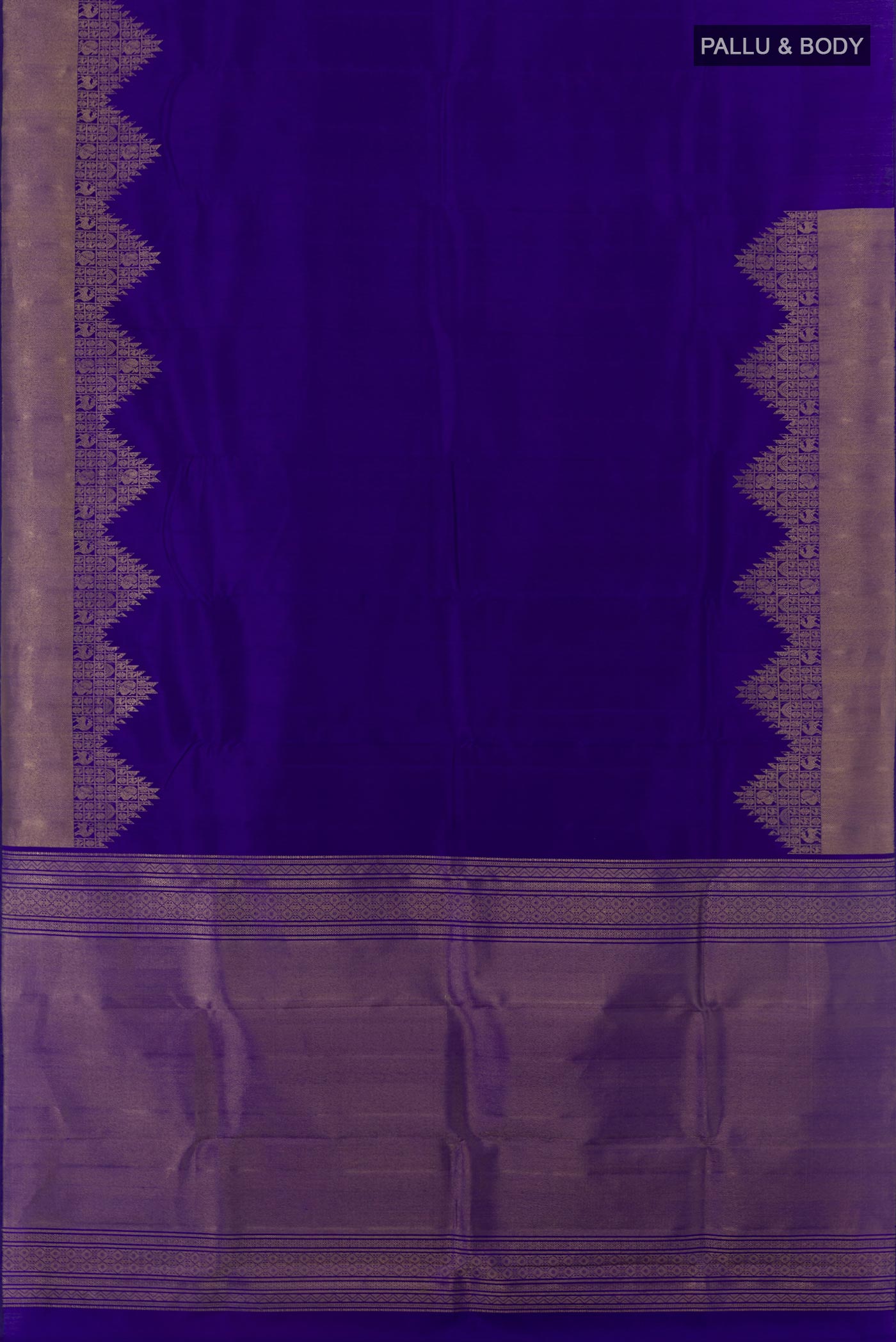 Flat view of Blue Kanchipuram Silk Saree with Plain Body and Zari Border. 