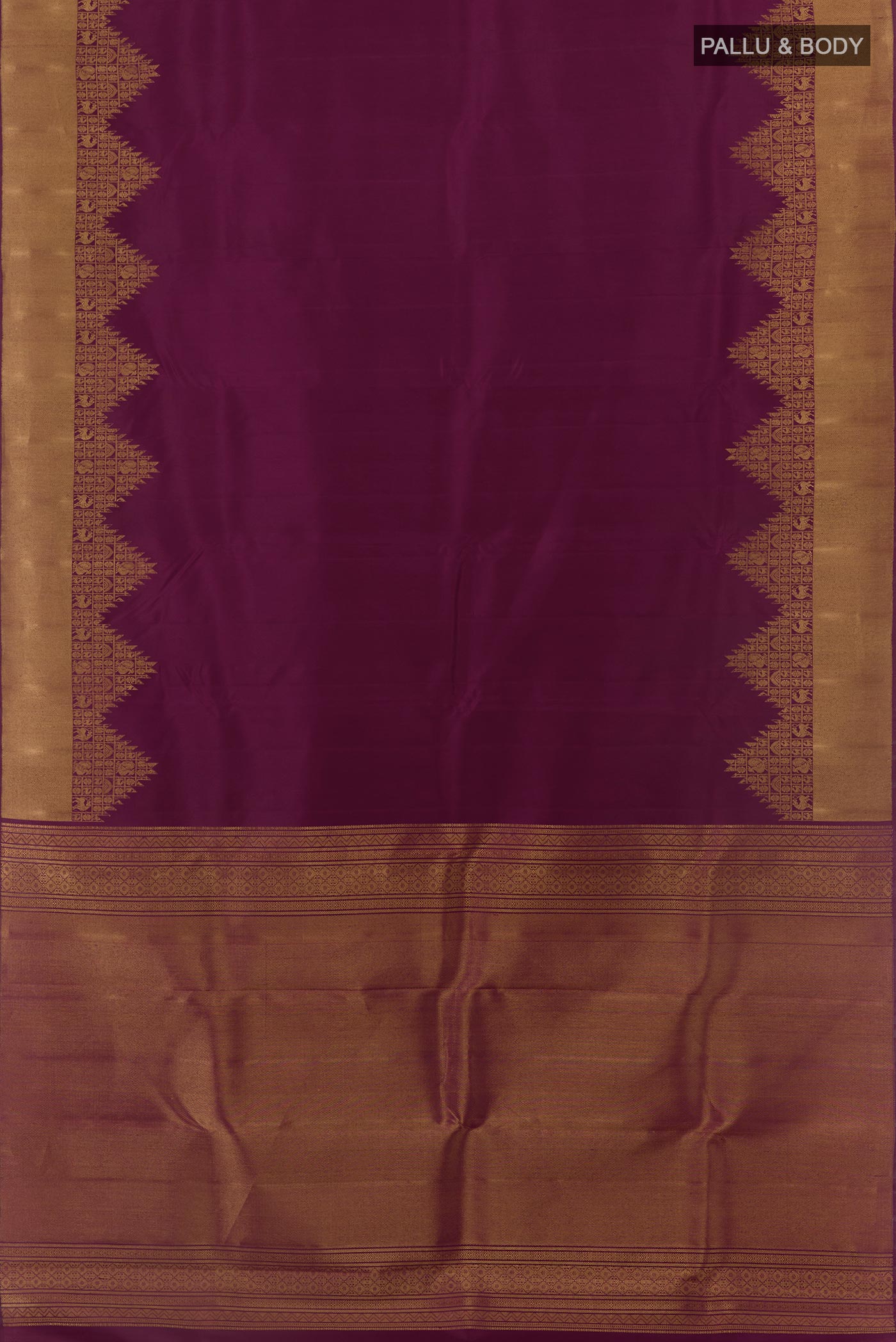 Flat view of Purple Kanchipuram Silk Saree with Plain Body and Temple Border. 