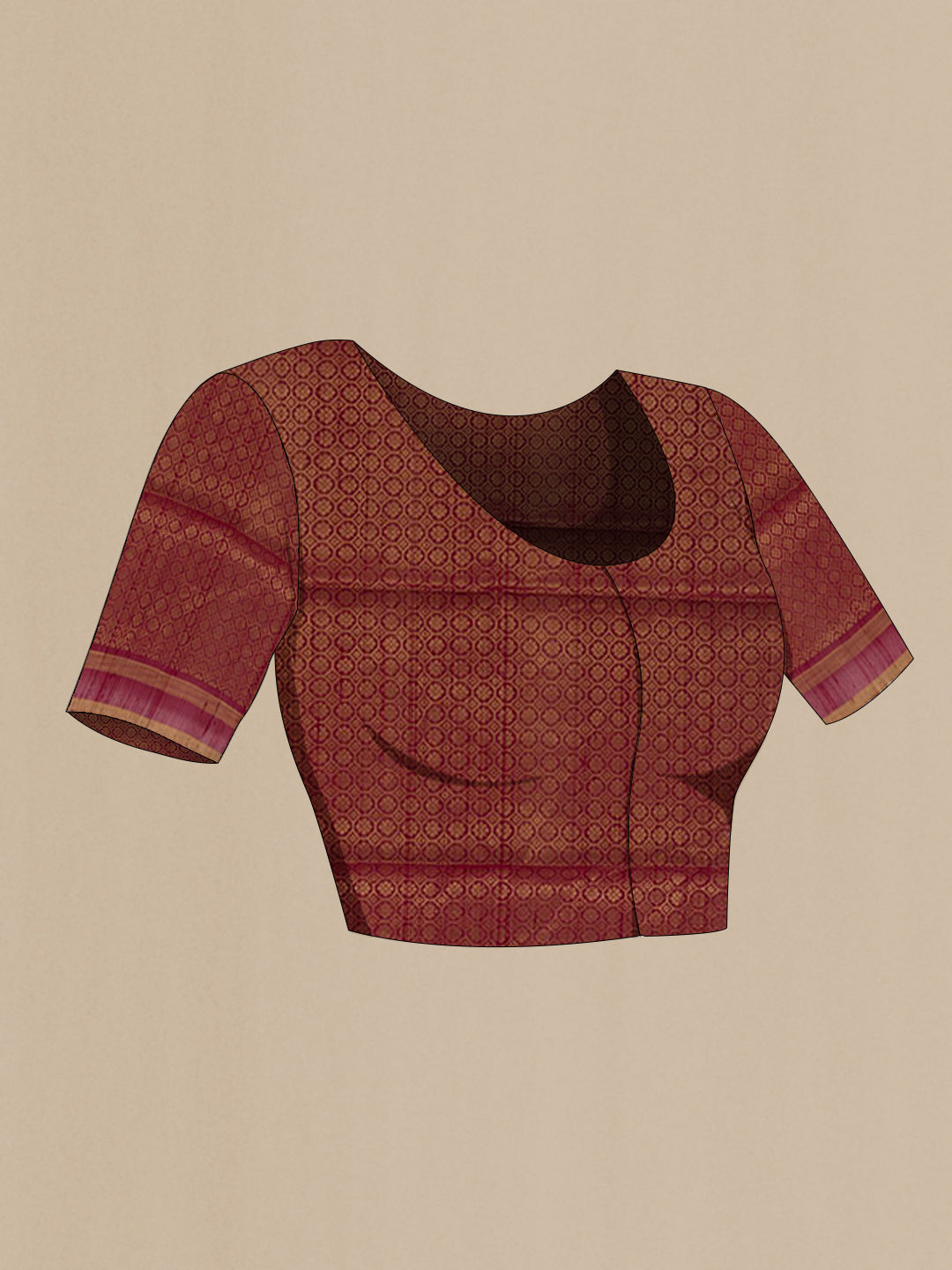 Close up image of the blouse of Maroon Raw Silk Saree with Stripes on the body and Zari Border. 