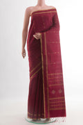 Maroon Raw Silk Saree with Stripes on the body and Zari Border.  displayed on a mannequin