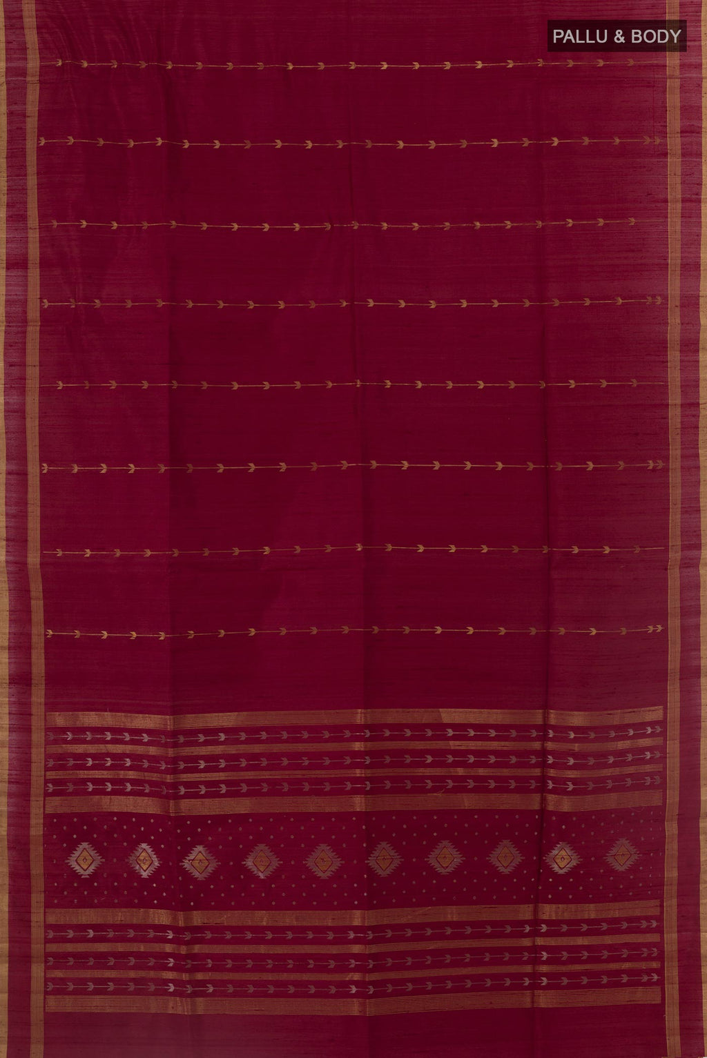Flat view of Maroon Raw Silk Saree with Stripes on the body and Zari Border. 