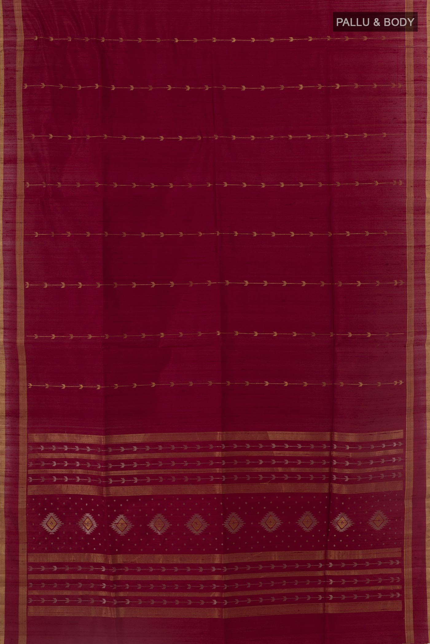 Flat view of Maroon Raw Silk Saree with Stripes on the body and Zari Border. 