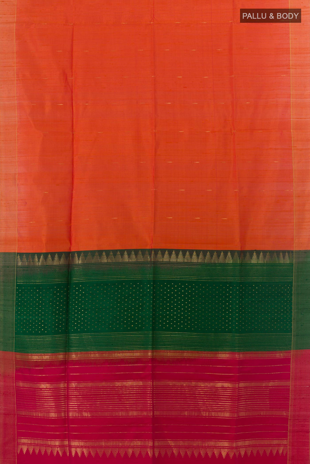 Flat view of Orange Raw Silk Saree with Stripes on the body and Zari Border. 