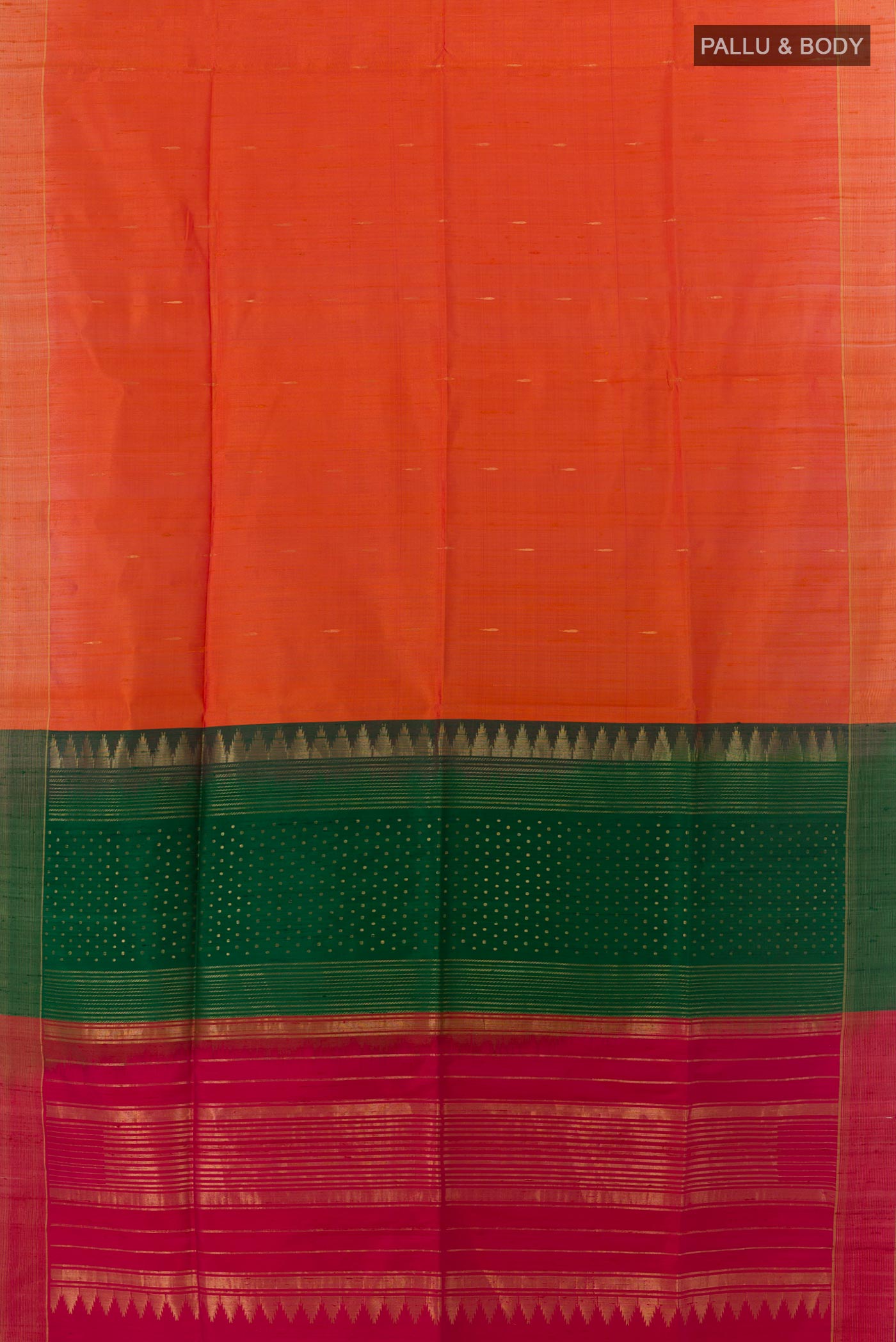 Flat view of Orange Raw Silk Saree with Stripes on the body and Zari Border. 