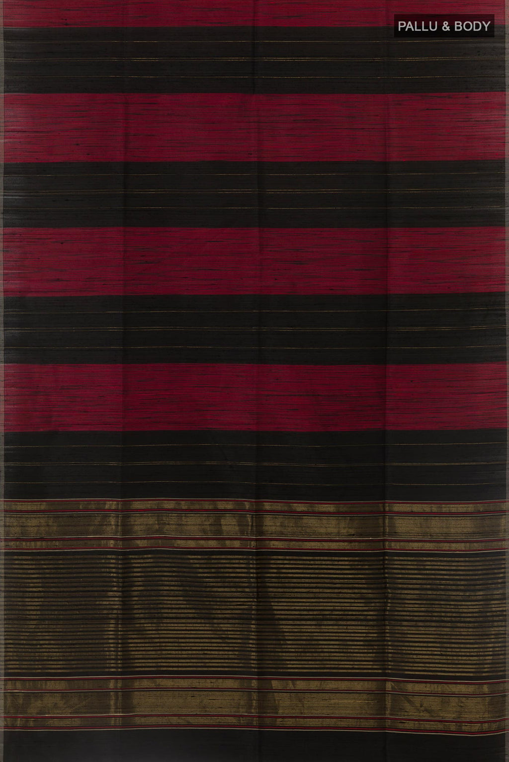 Flat view of Black Tussar Saree with Stripes on the body and Zari Border. 