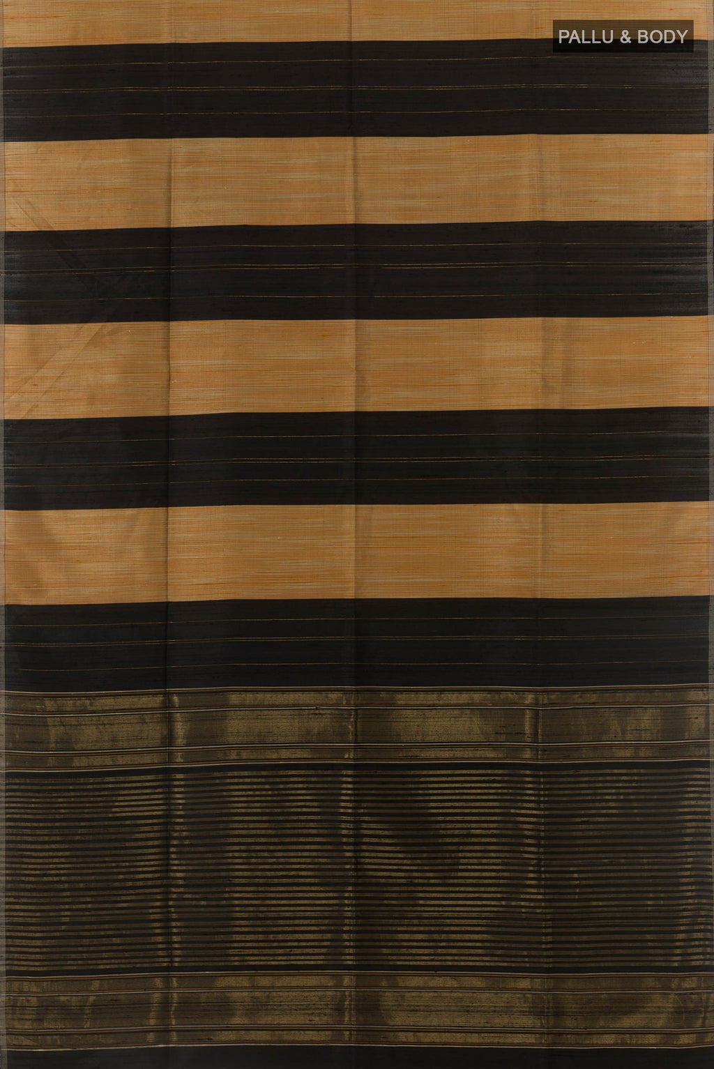 Flat view of Black Tussar Saree with Stripes on the body and Zari Border. 