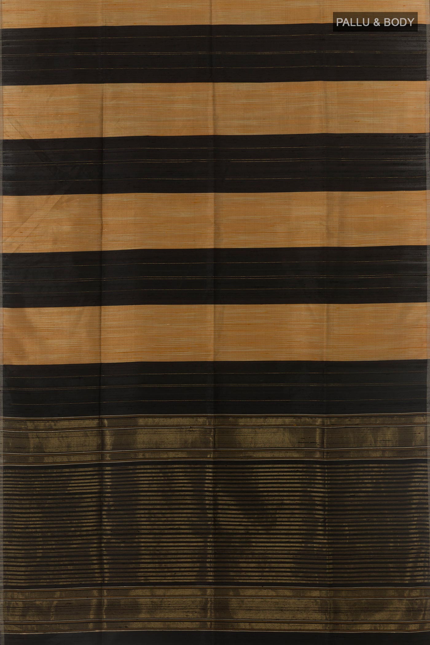 Flat view of Black Tussar Saree with Stripes on the body and Zari Border. 