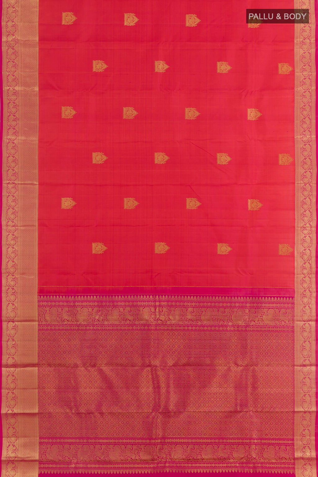 Flat view of Coral Dual Tone Kanchipuram Silk Saree with Zari Butta on the body and Zari Border. 