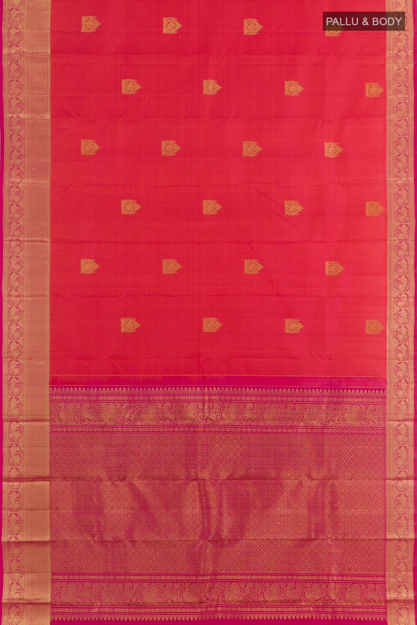 Flat view of Coral Dual Tone Kanchipuram Silk Saree with Zari Butta on the body and Zari Border. 
