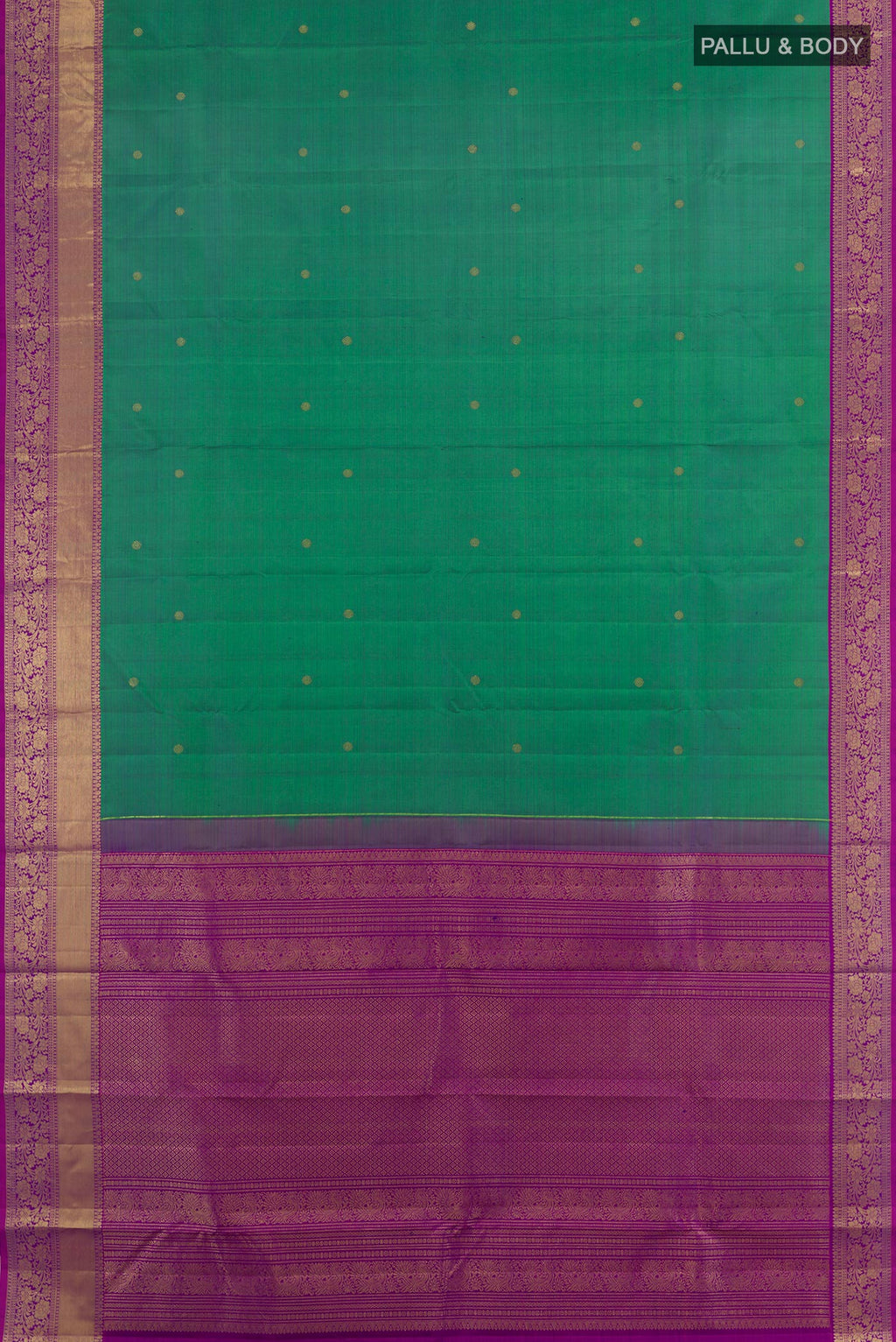 Flat view of Sea Green Dual Tone Kanchipuram Silk Saree with Zari Butta on the body and Zari Border. 